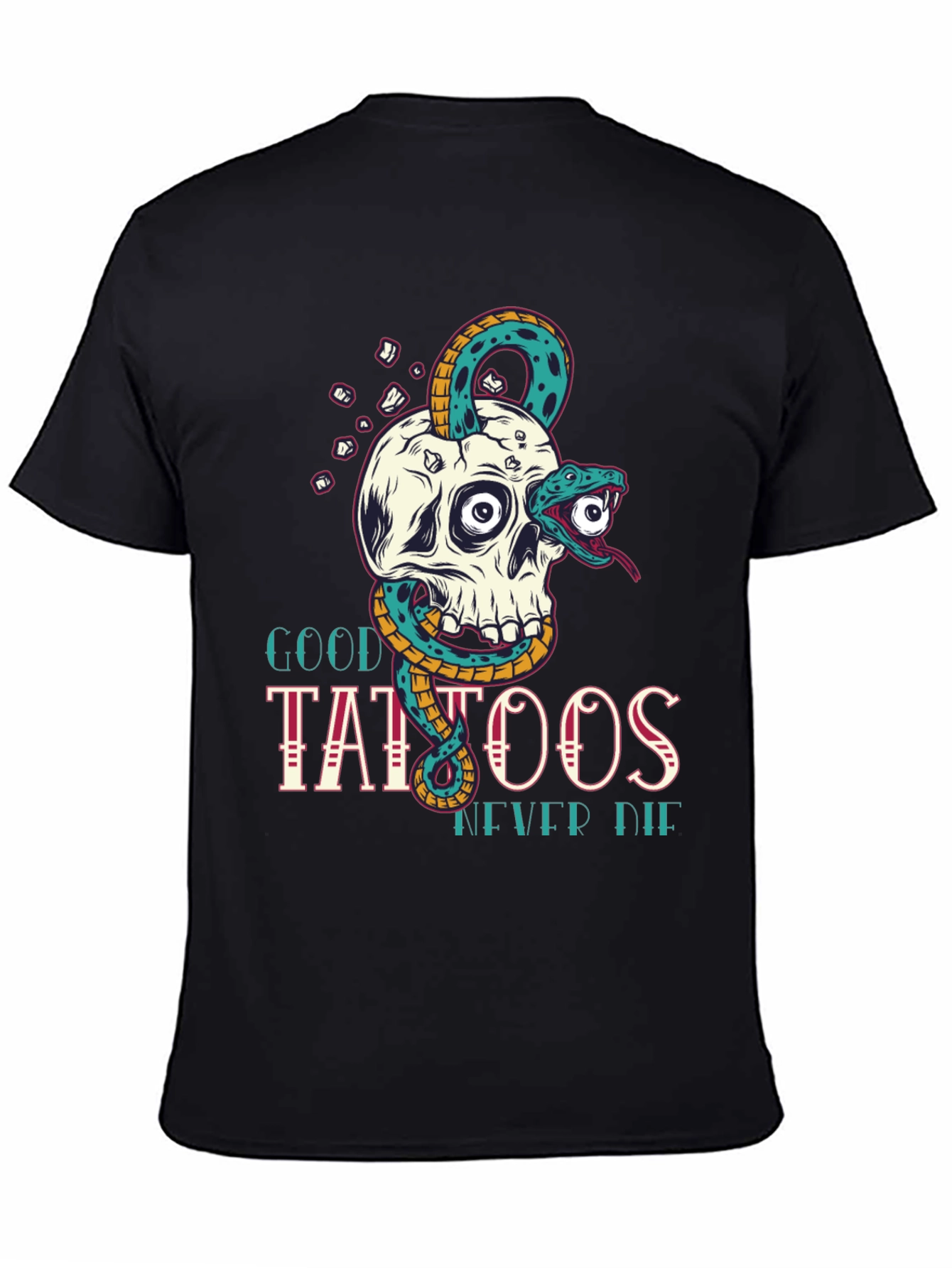 Skull Snake Tattoo Graphic Tee - Mens Black T-Shirt