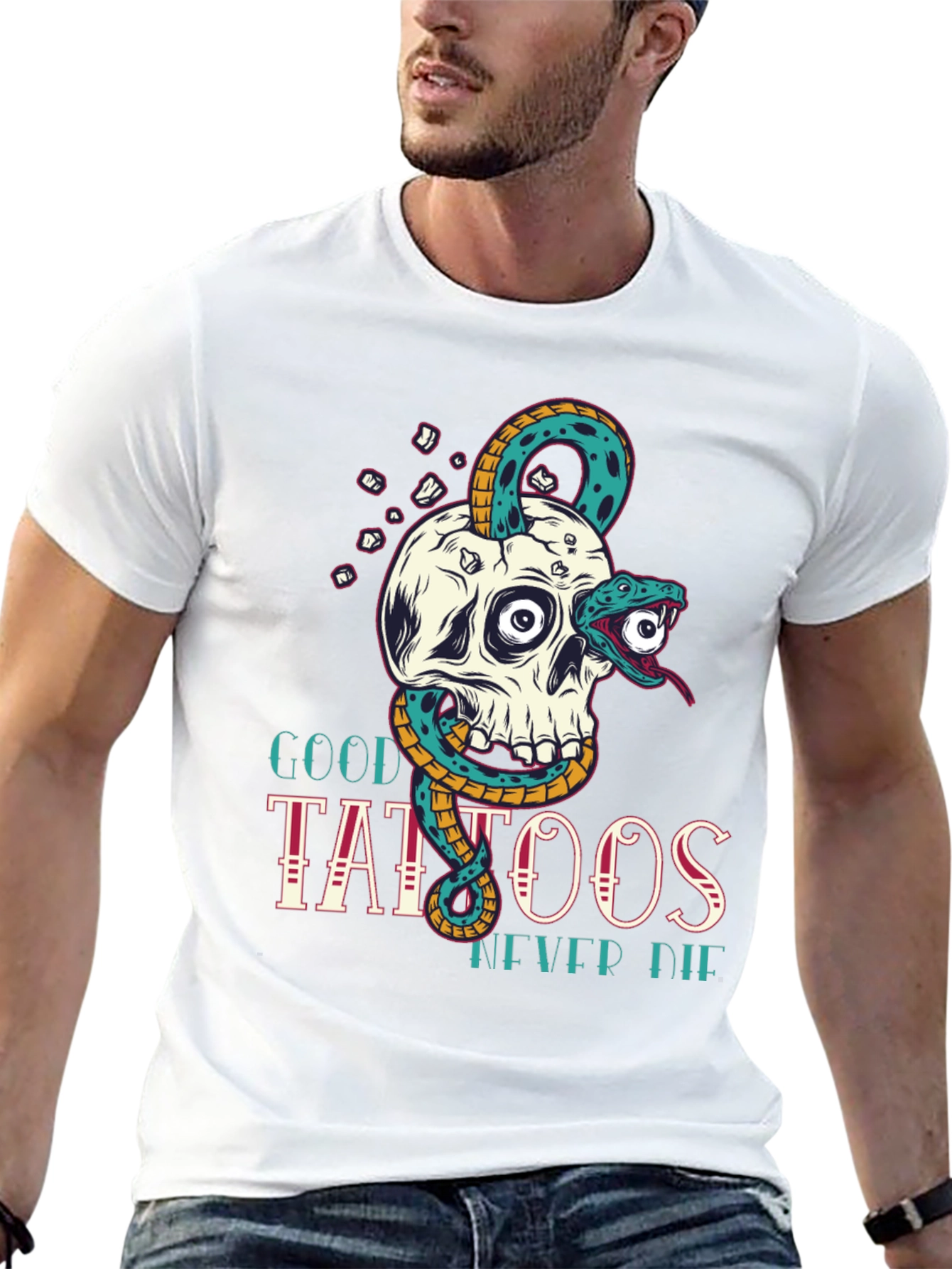 Skull Snake Tattoo Graphic Tee - Mens Black T-Shirt
