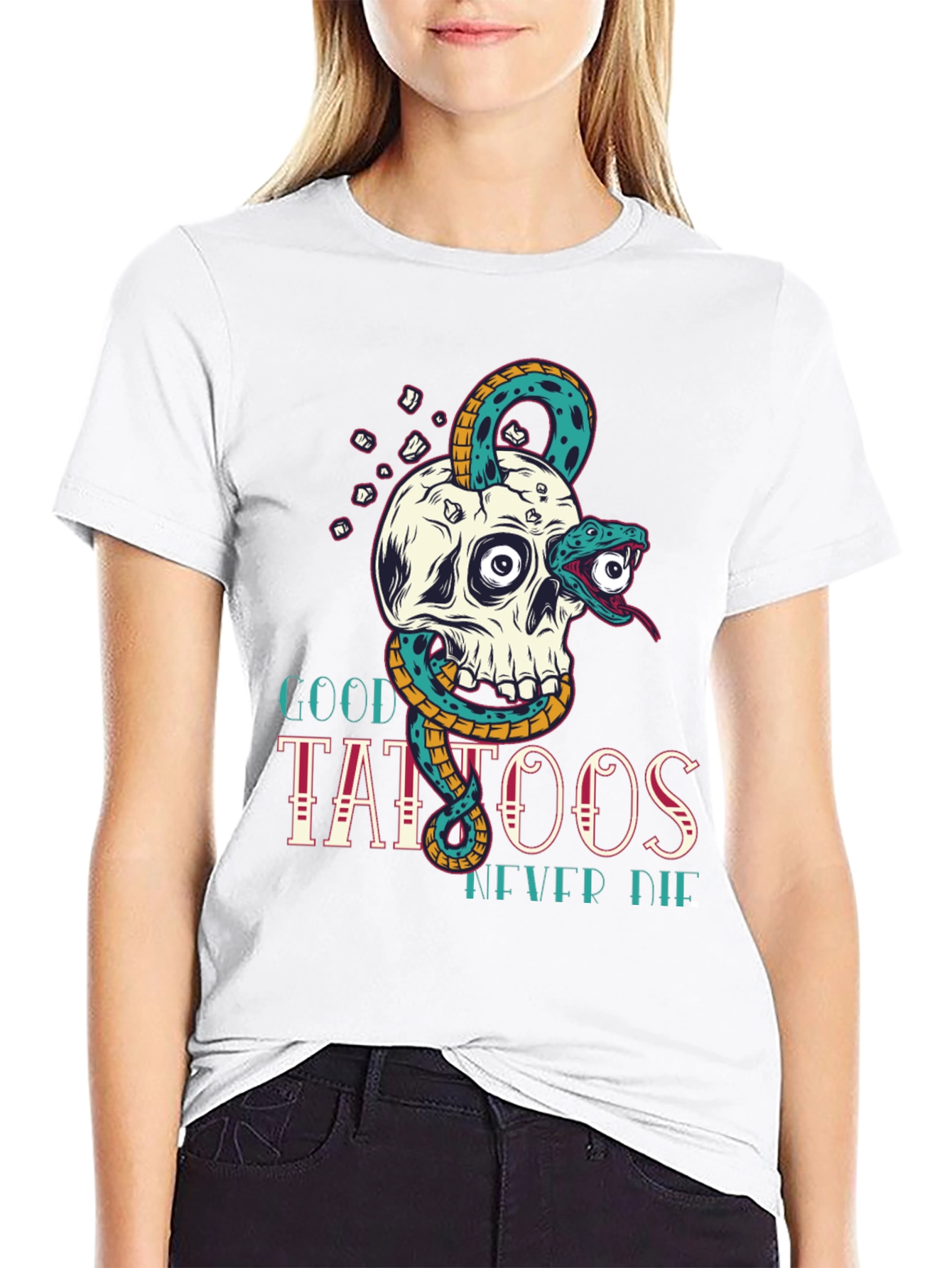 Skull Snake Tattoo Graphic Tee - Mens Black T-Shirt
