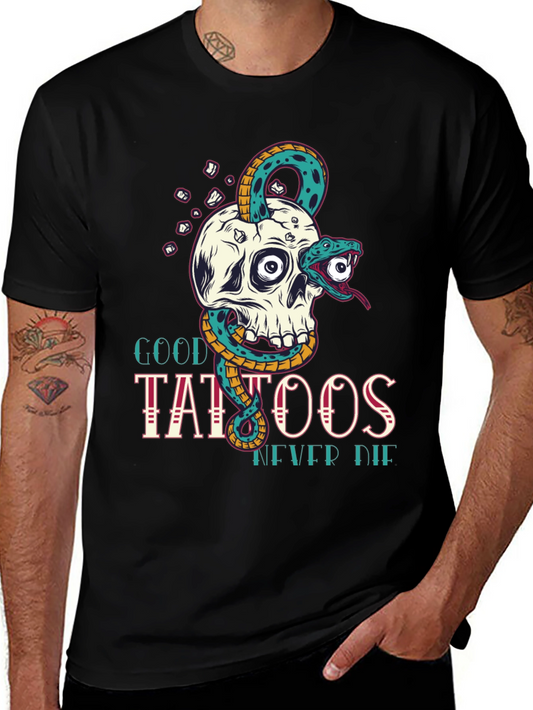 Skull Snake Tattoo Graphic Tee - Mens Black T-Shirt