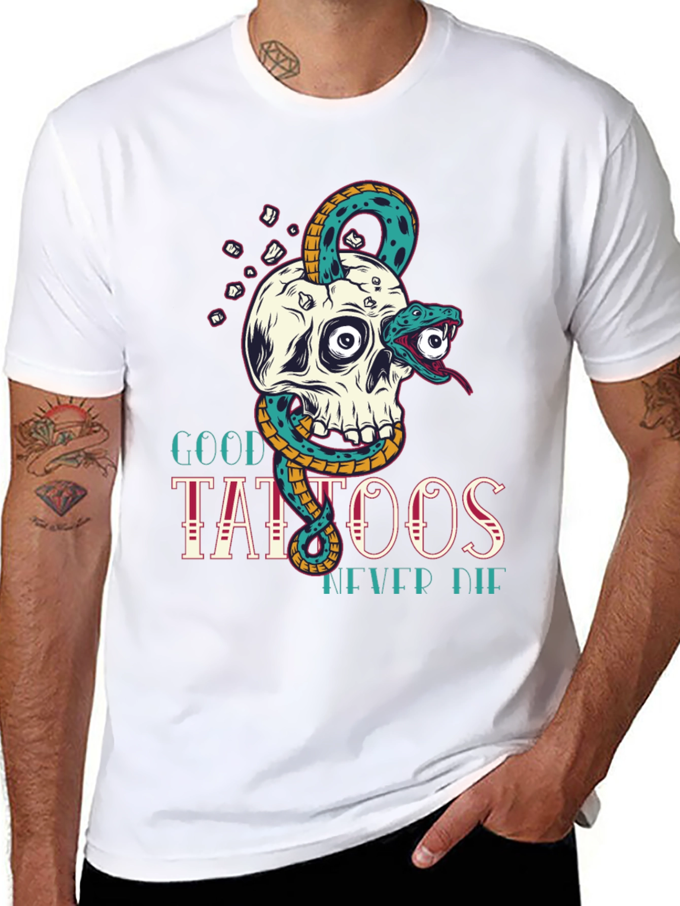Skull Snake Tattoo Graphic Tee - Mens Black T-Shirt
