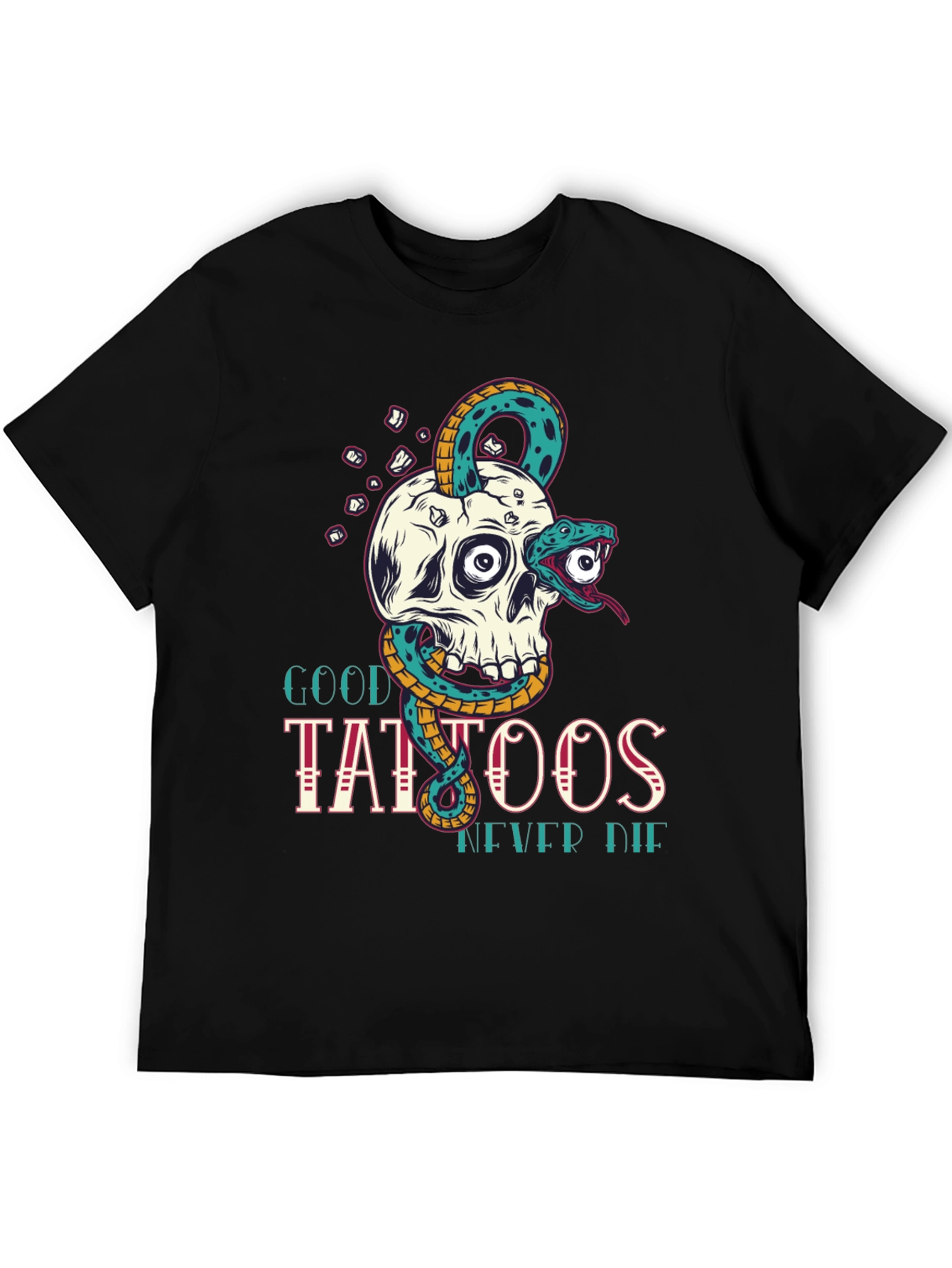 Skull Snake Tattoo Graphic Tee - Mens Black T-Shirt