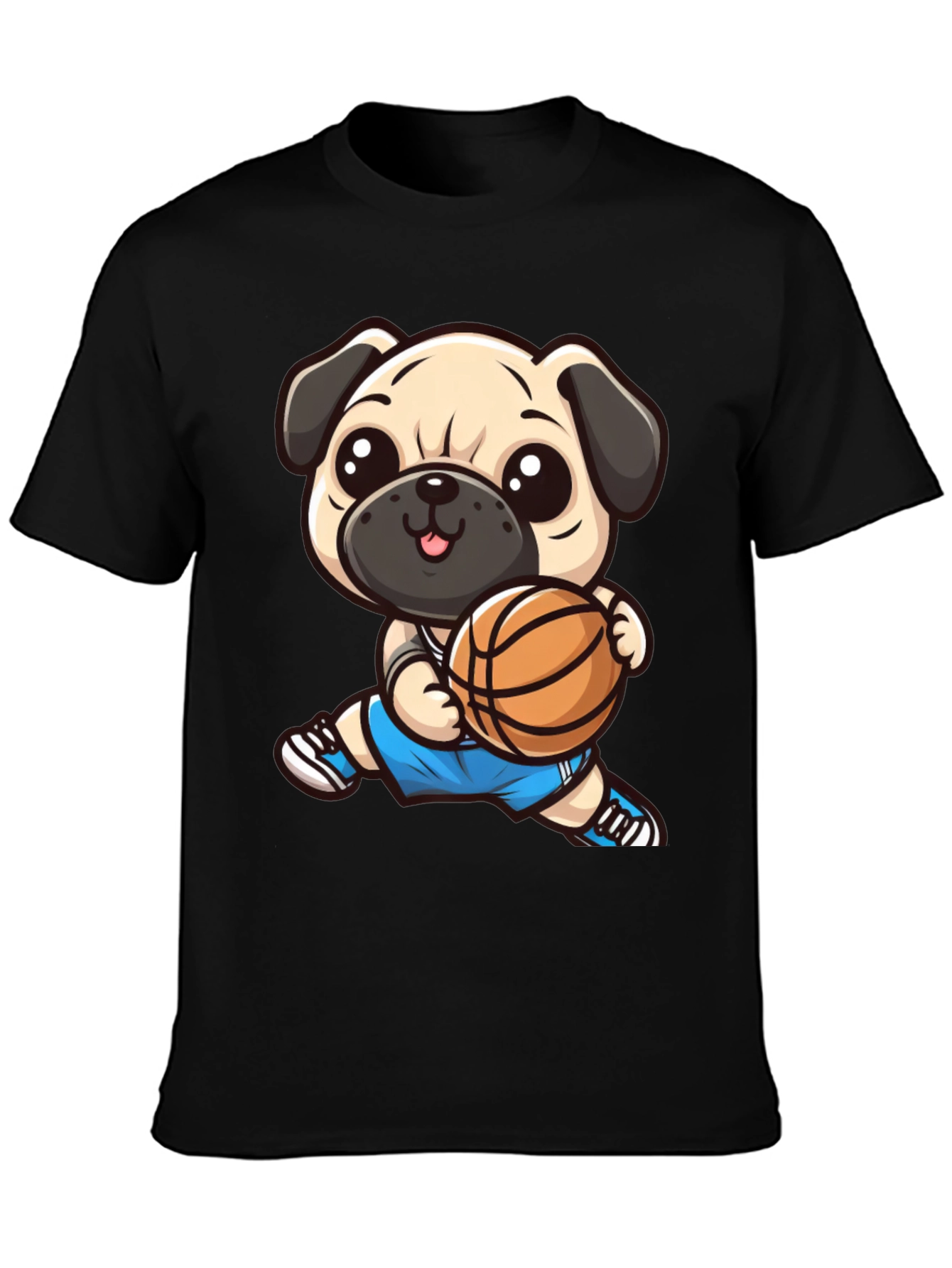 Cartoon Pug Basketball Player Black T-Shirt