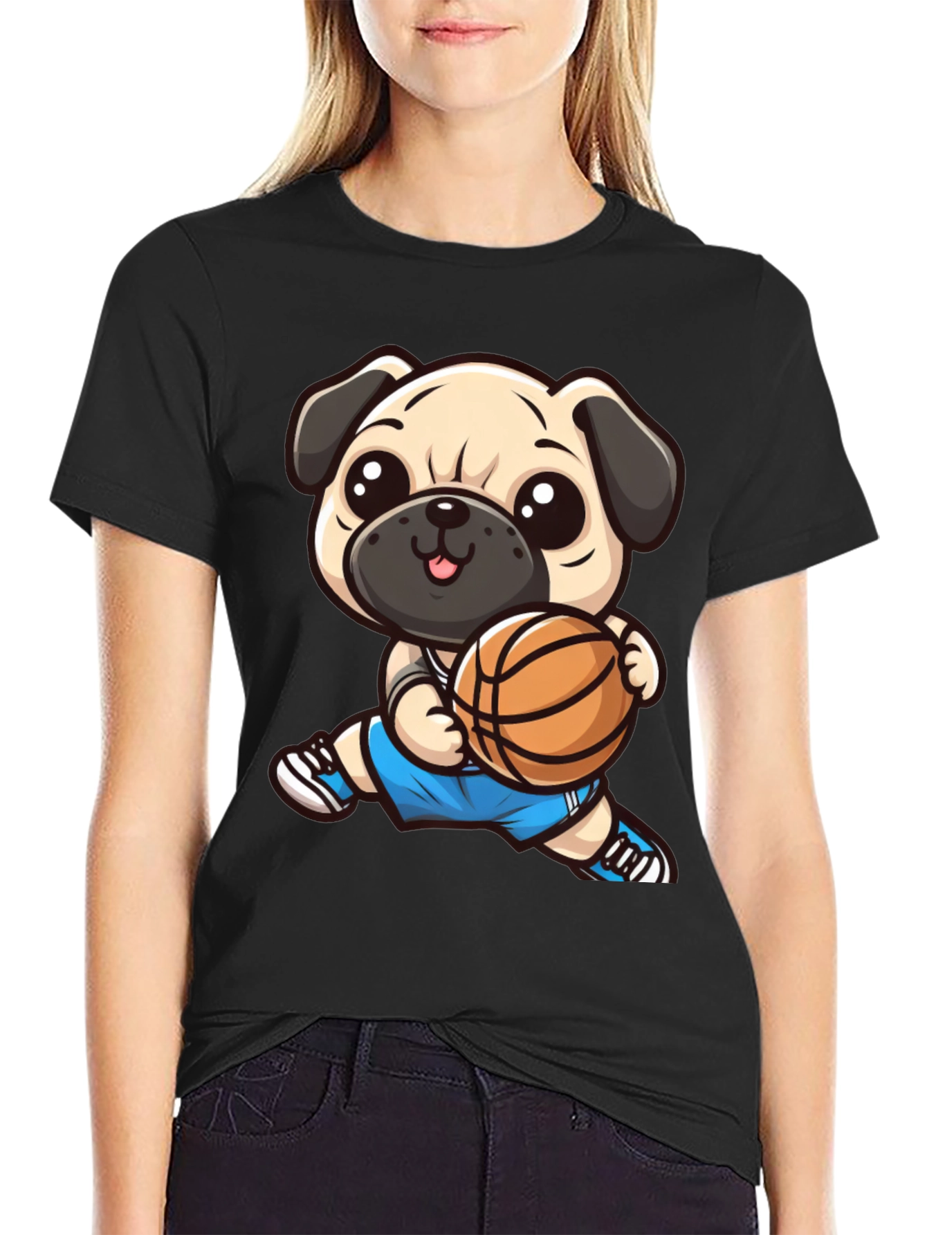 Cartoon Pug Basketball Player Black T-Shirt