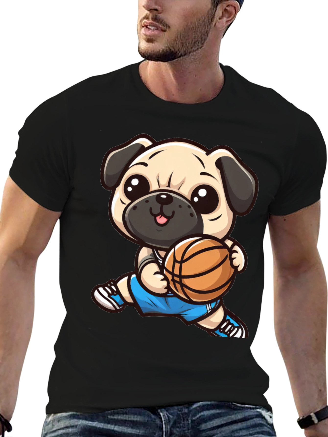 Cartoon Pug Basketball Player Black T-Shirt
