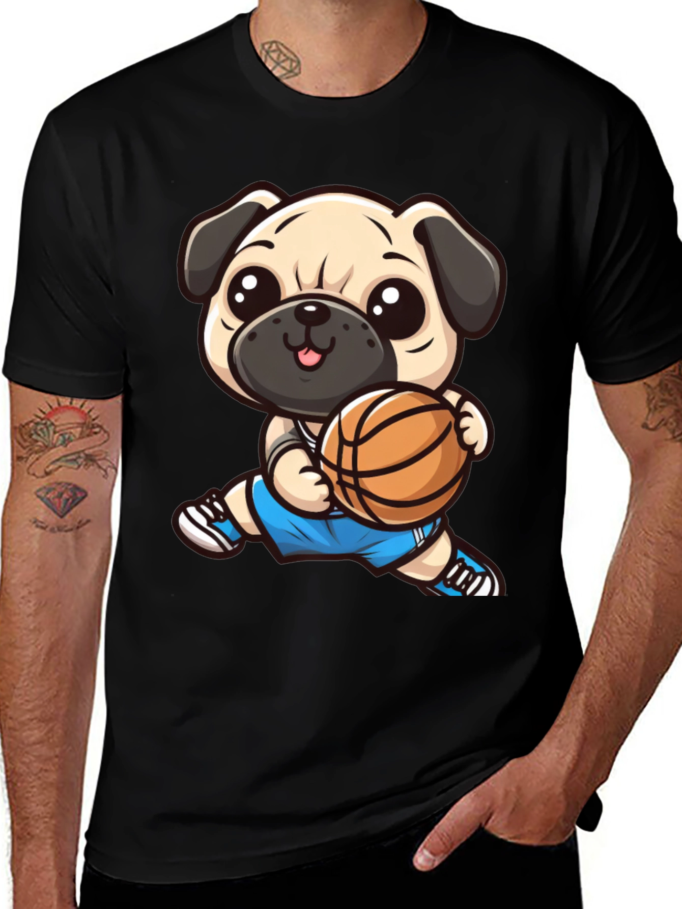 Cartoon Pug Basketball Player Black T-Shirt