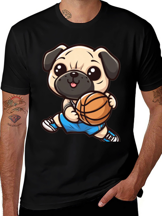 Cartoon Pug Basketball Player Black T-Shirt