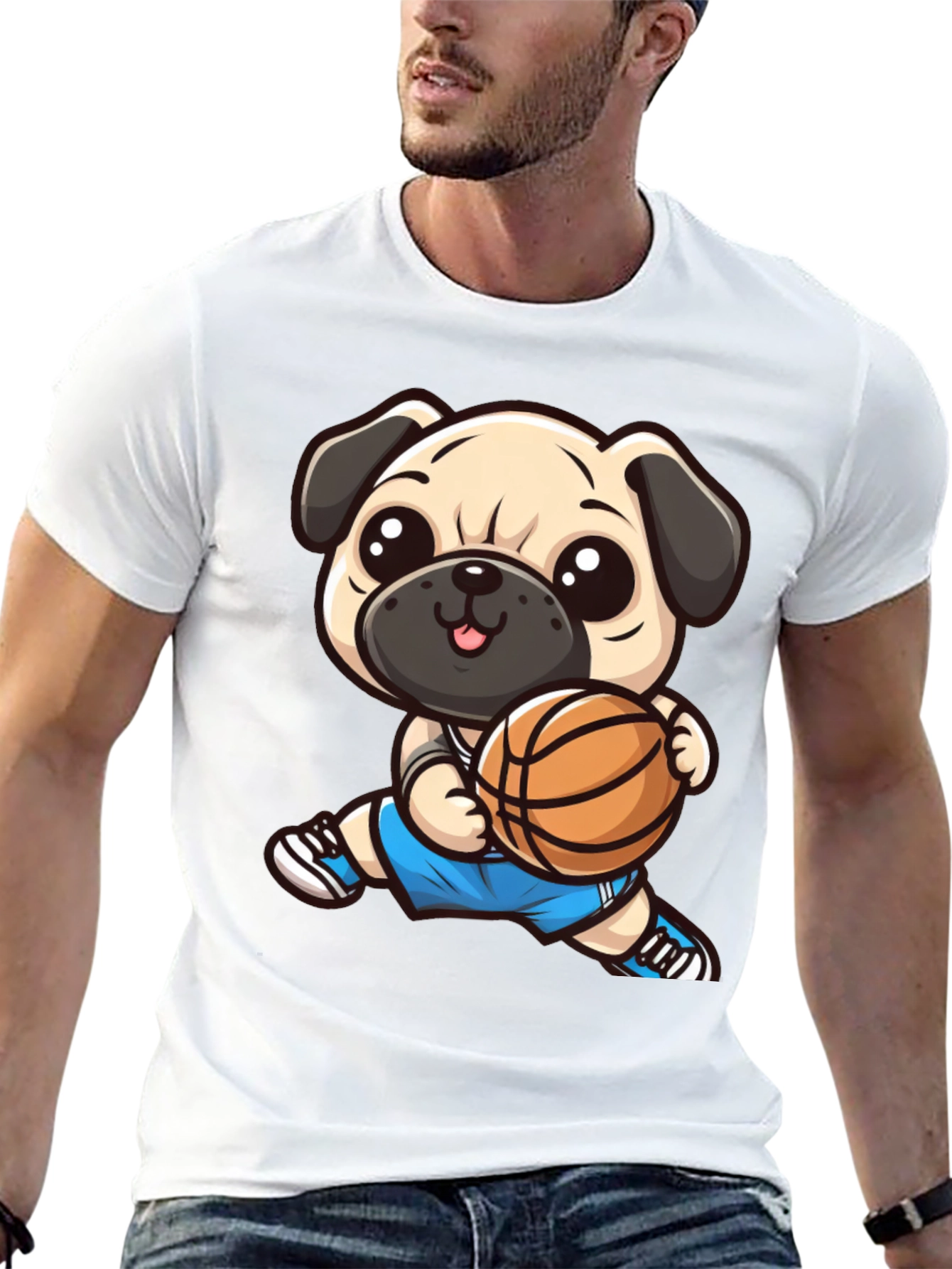 Cartoon Pug Basketball Player Black T-Shirt