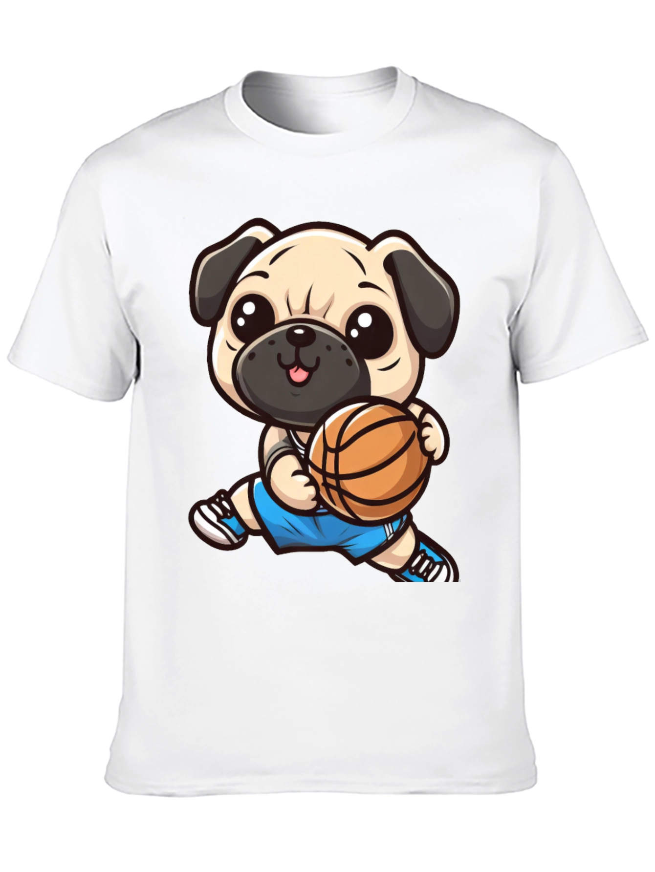 Cartoon Pug Basketball Player Black T-Shirt