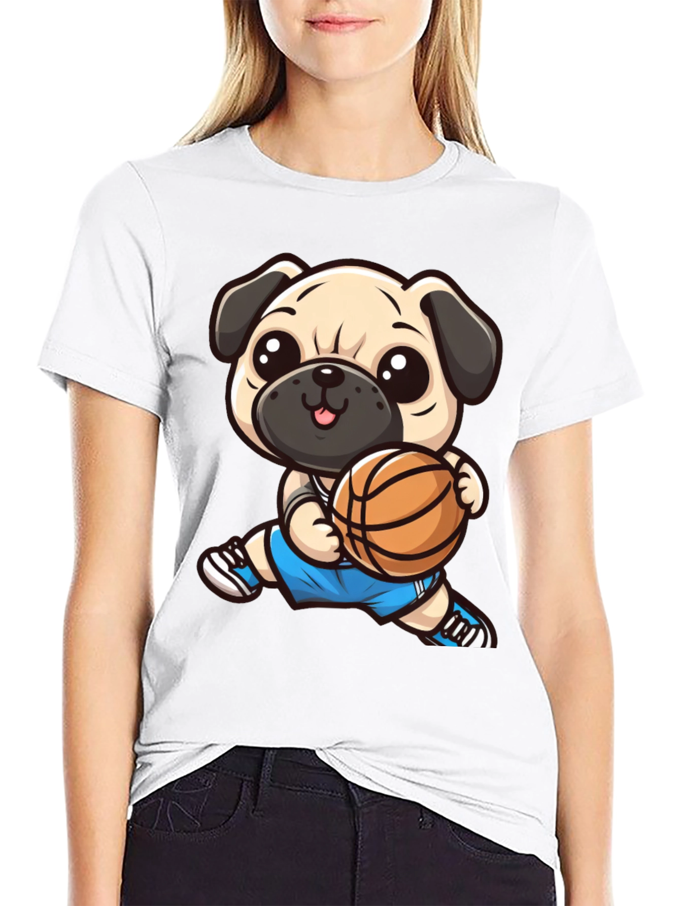 Cartoon Pug Basketball Player Black T-Shirt
