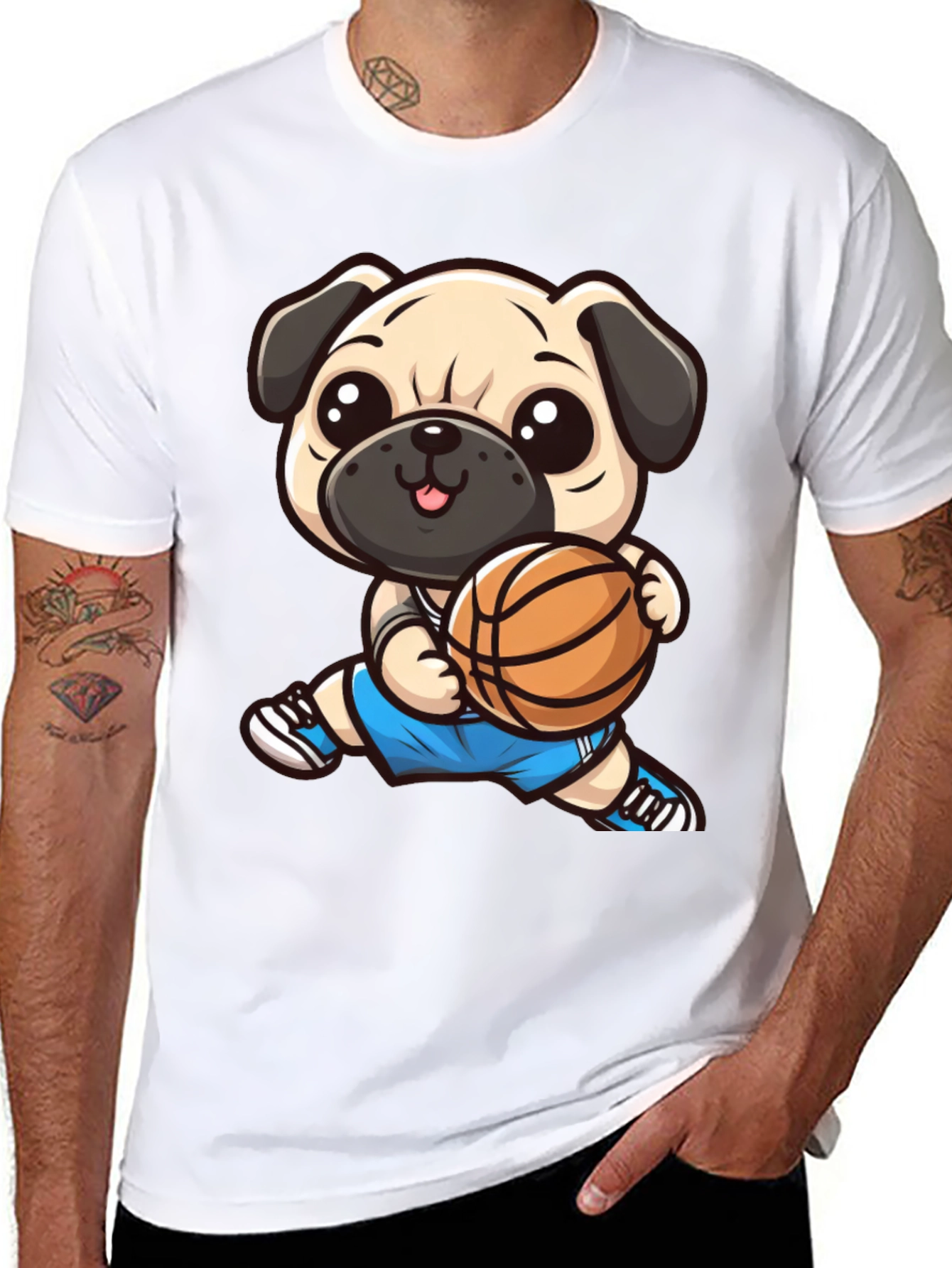 Cartoon Pug Basketball Player Black T-Shirt