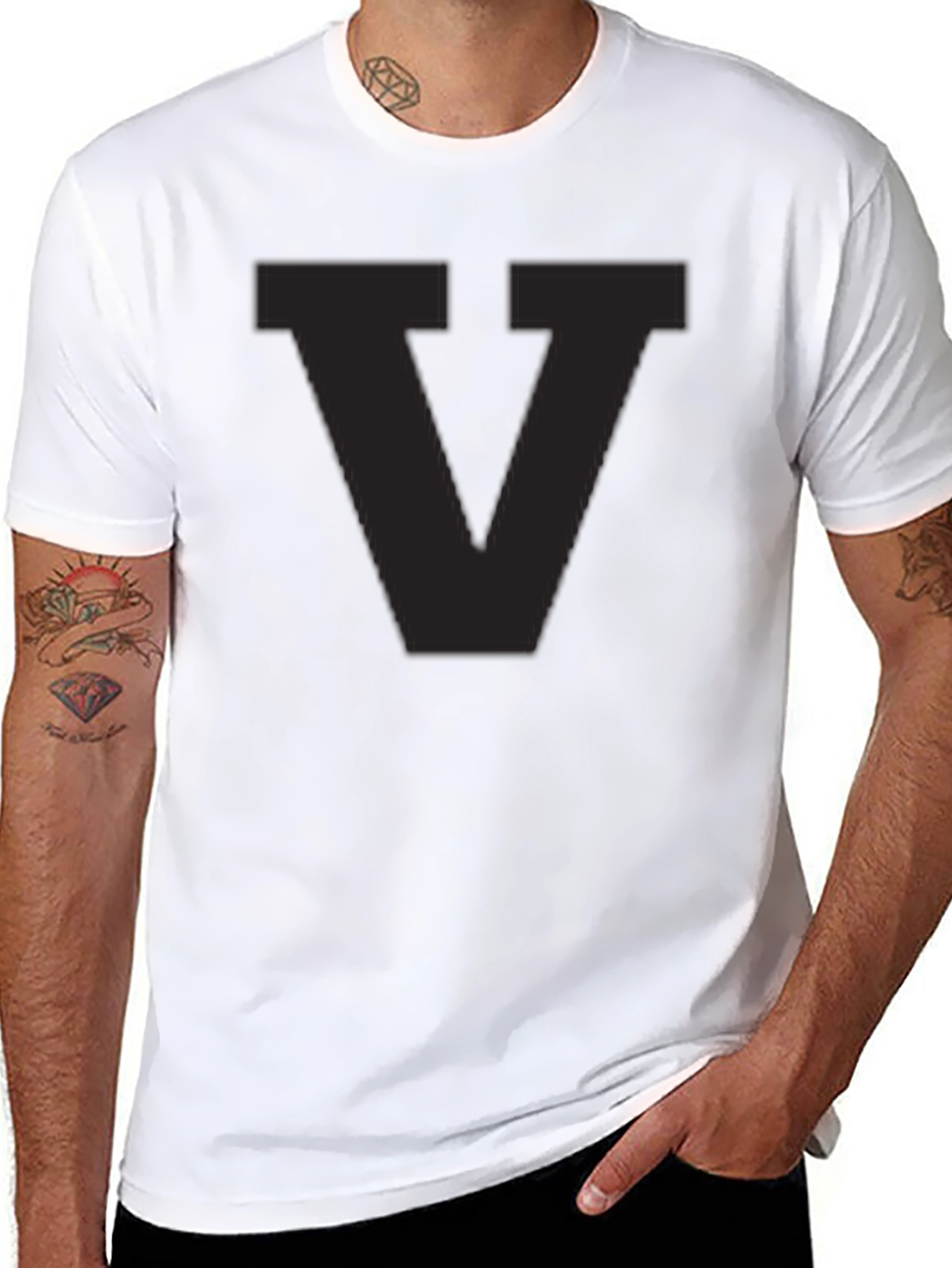 Mens Black T-Shirt with Letter V Graphic
