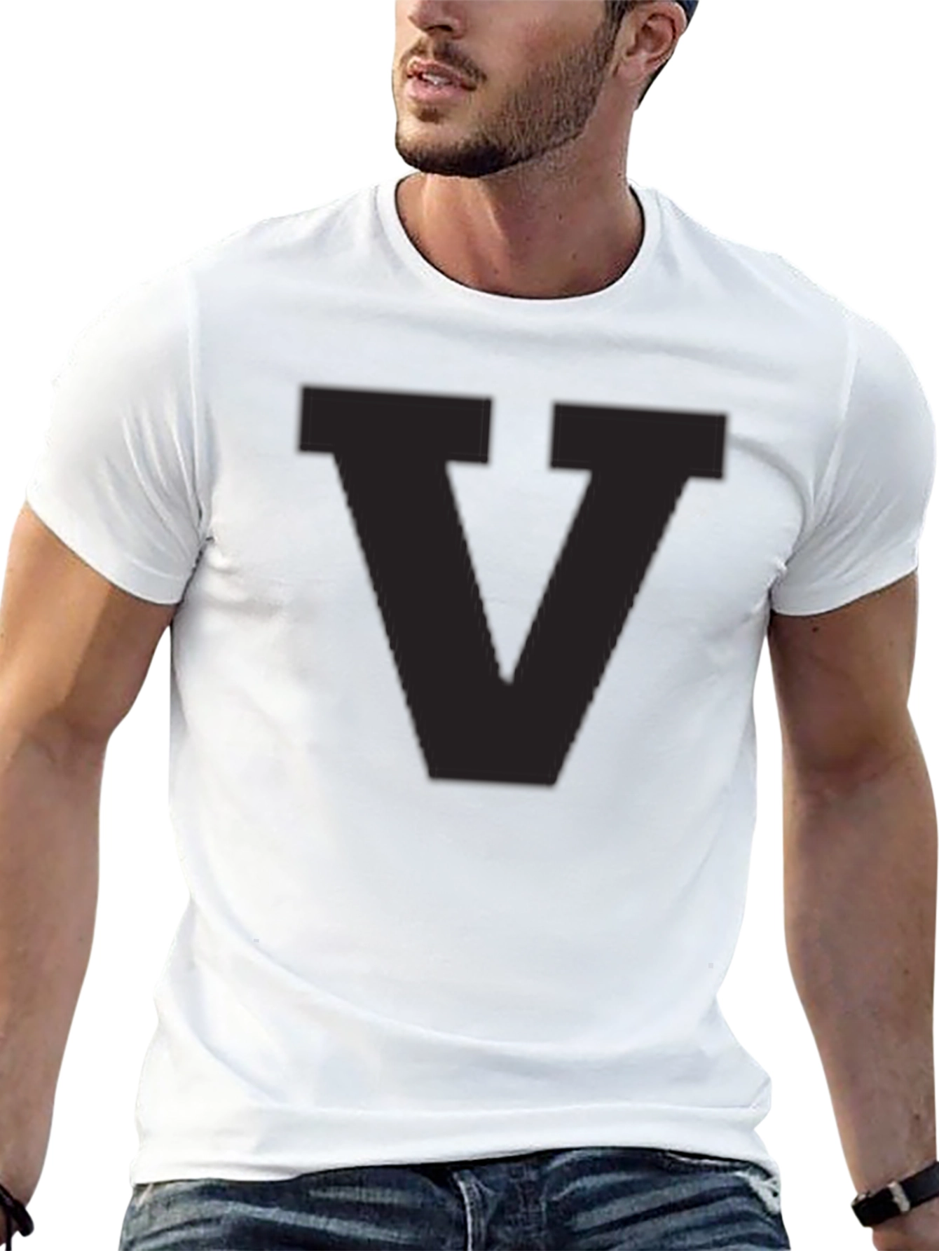 Mens Black T-Shirt with Letter V Graphic
