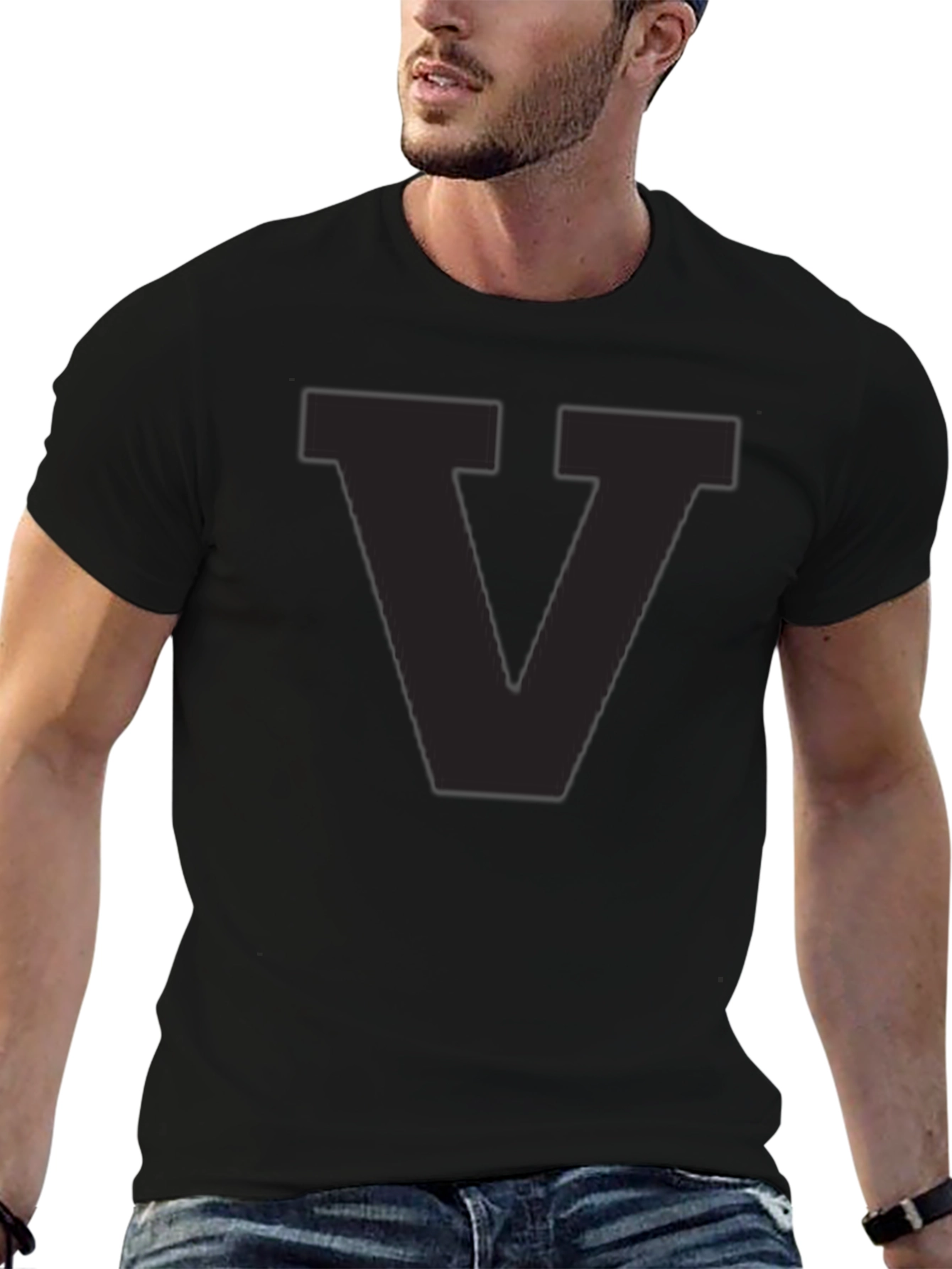 Mens Black T-Shirt with Letter V Graphic