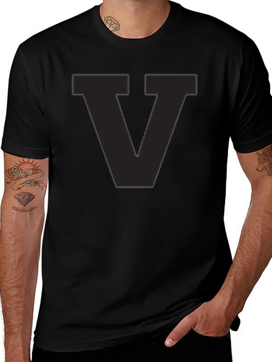 Mens Black T-Shirt with Letter V Graphic
