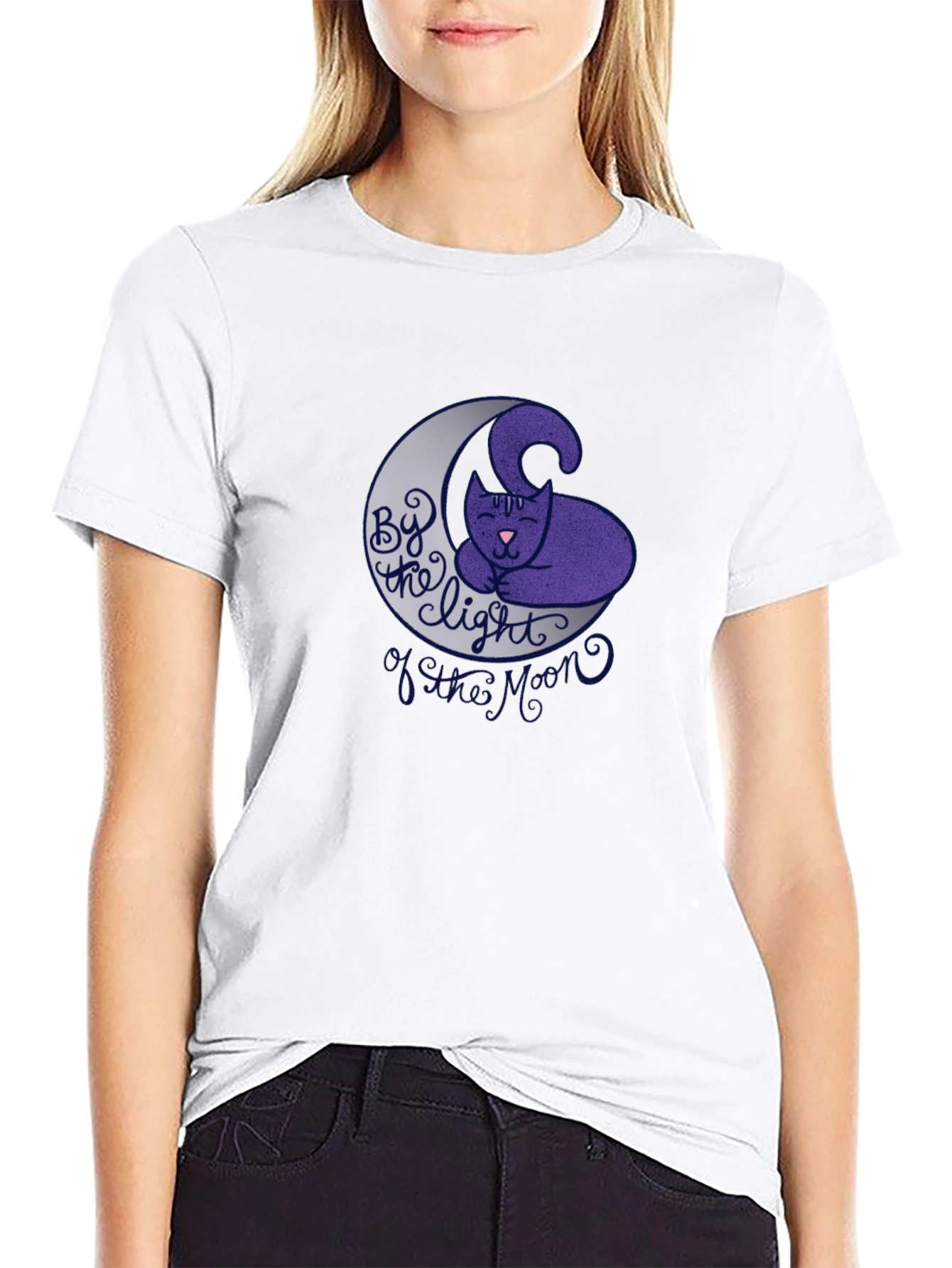 Cute Cat on Moon Graphic T-Shirt - Black
