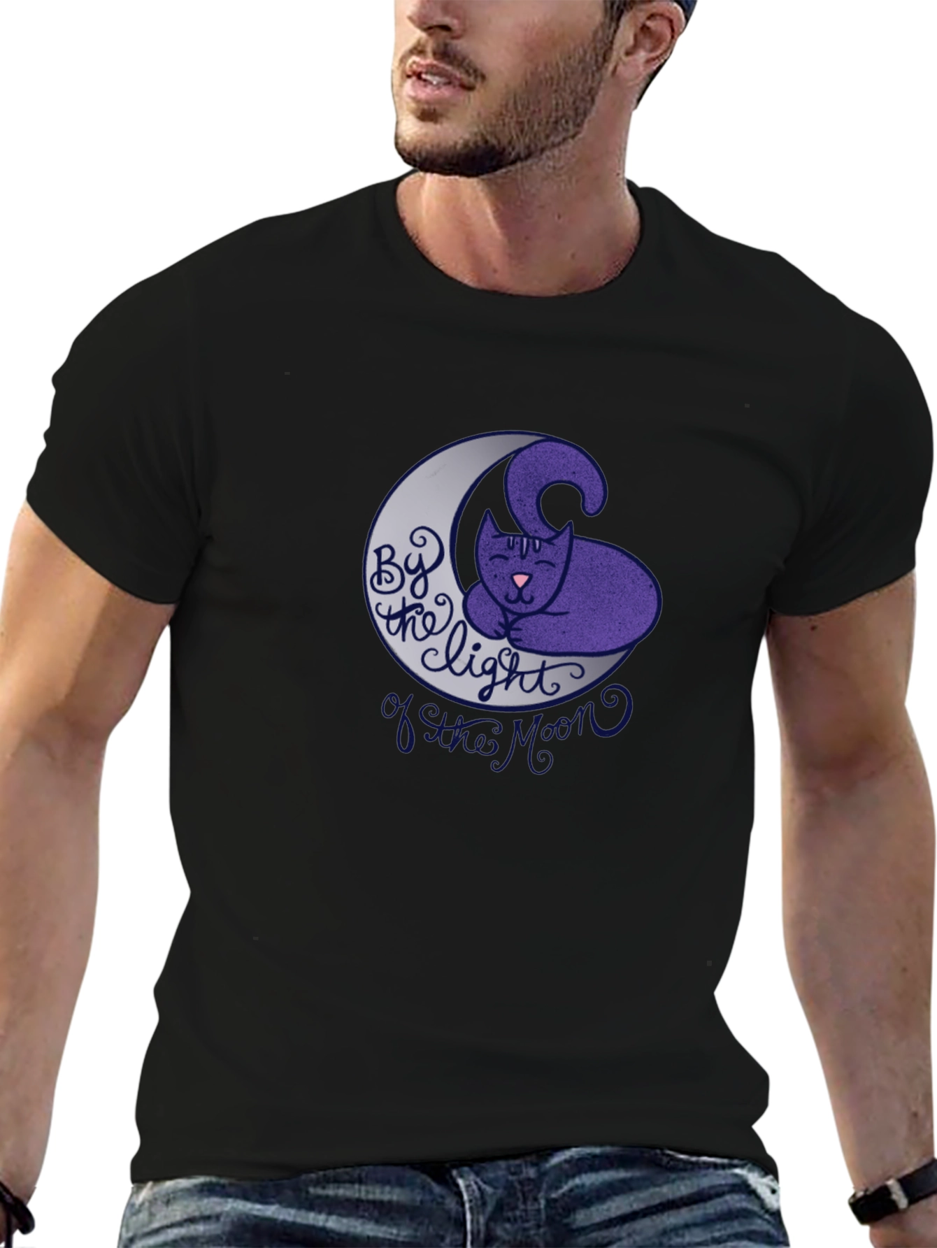 Cute Cat on Moon Graphic T-Shirt - Black