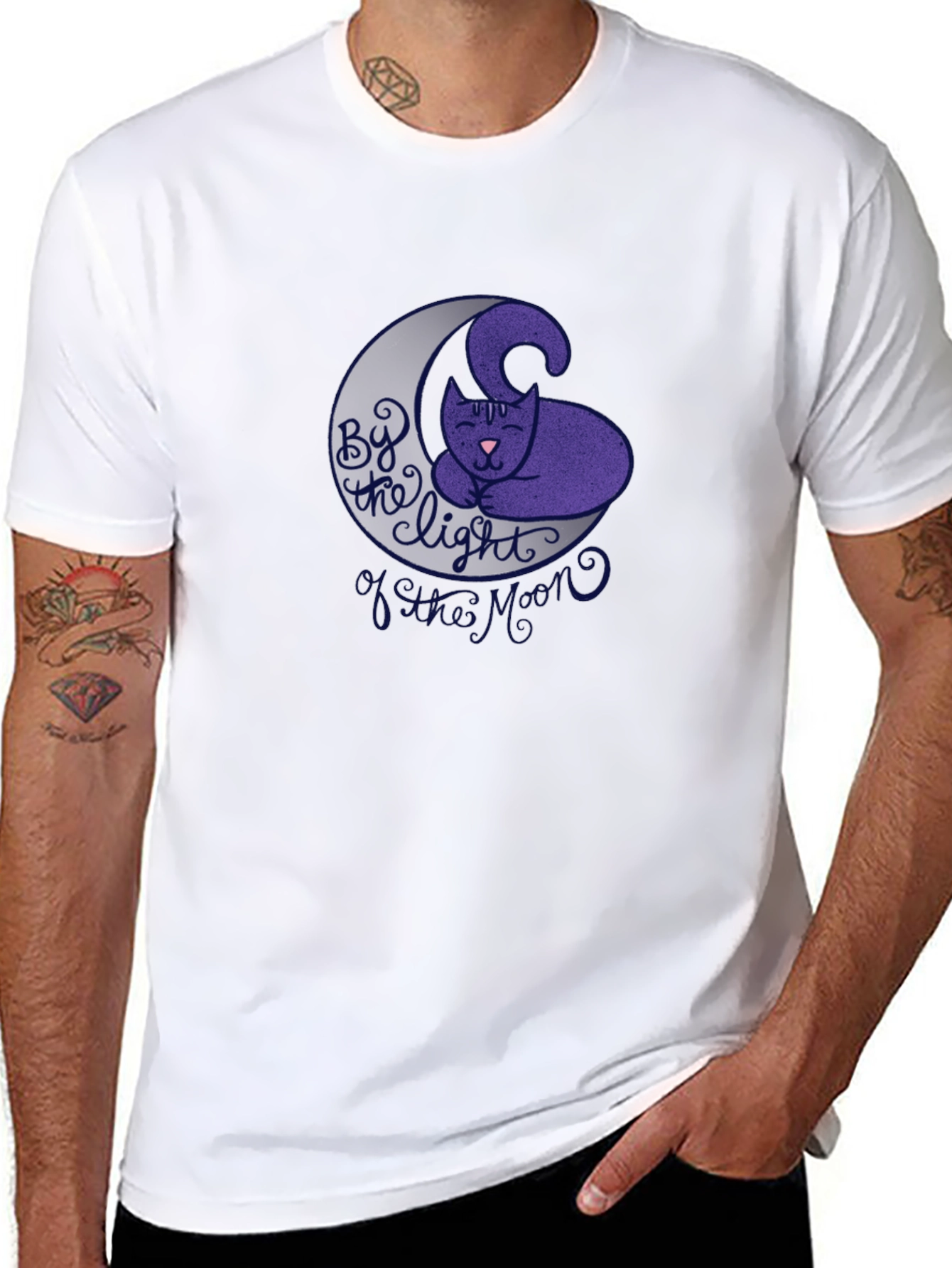 Cute Cat on Moon Graphic T-Shirt - Black
