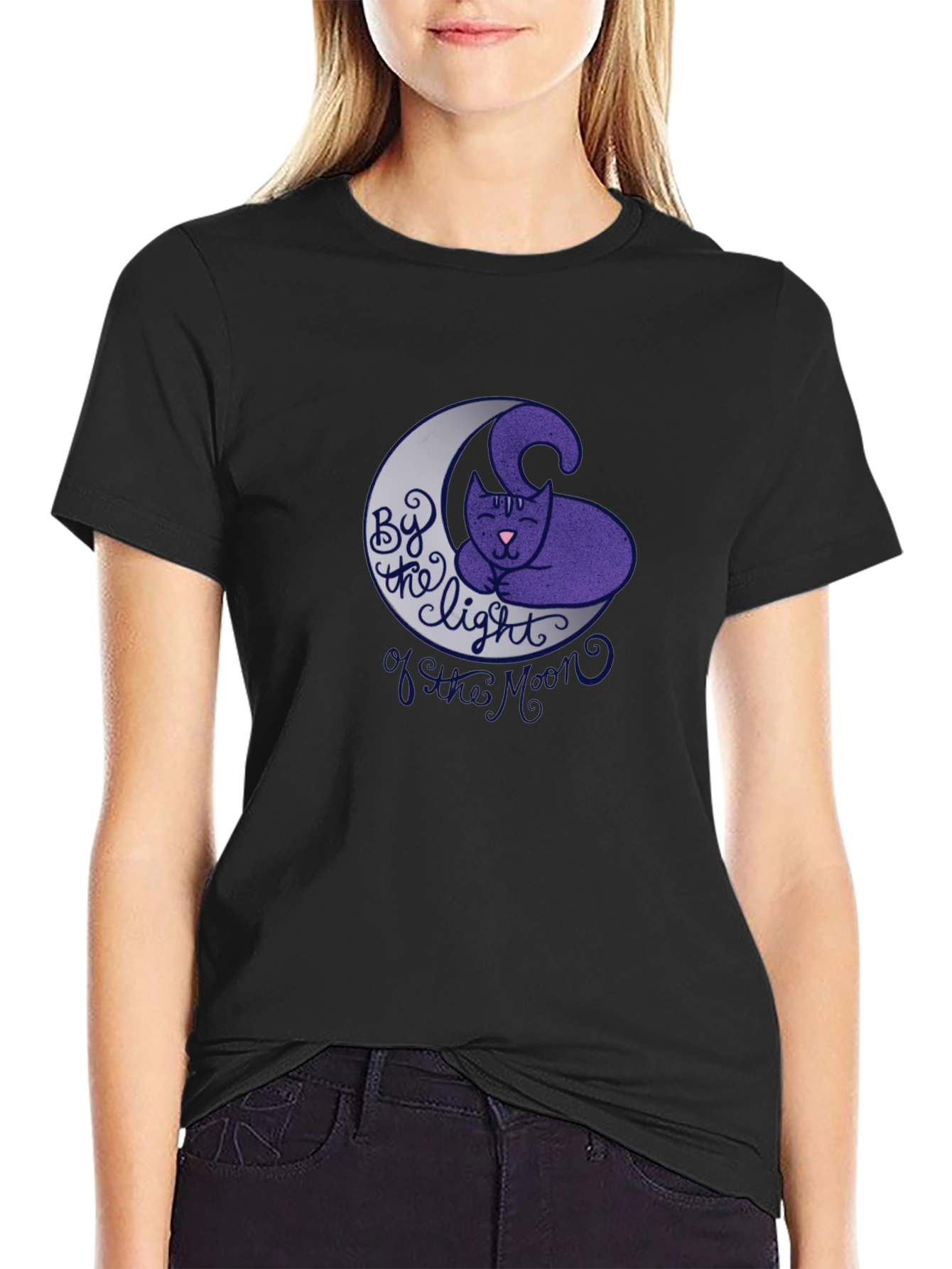 Cute Cat on Moon Graphic T-Shirt - Black