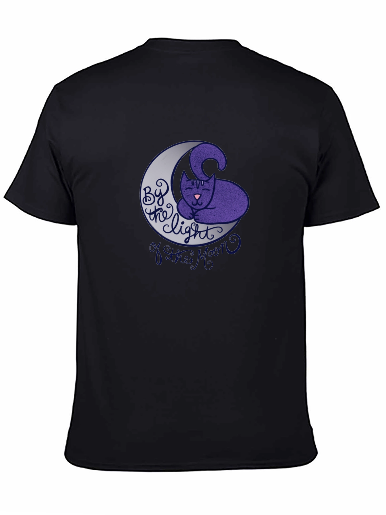 Cute Cat on Moon Graphic T-Shirt - Black