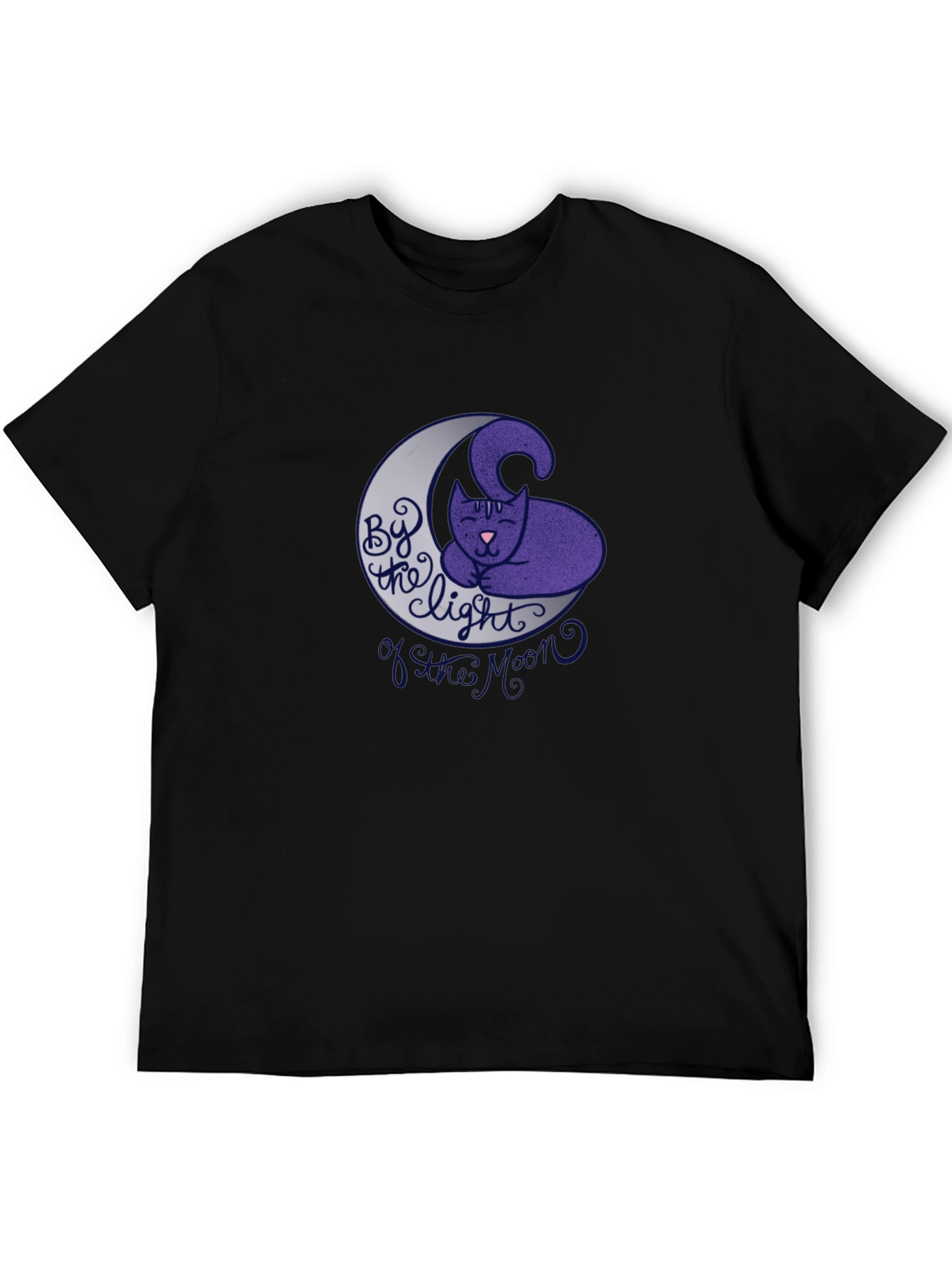 Cute Cat on Moon Graphic T-Shirt - Black