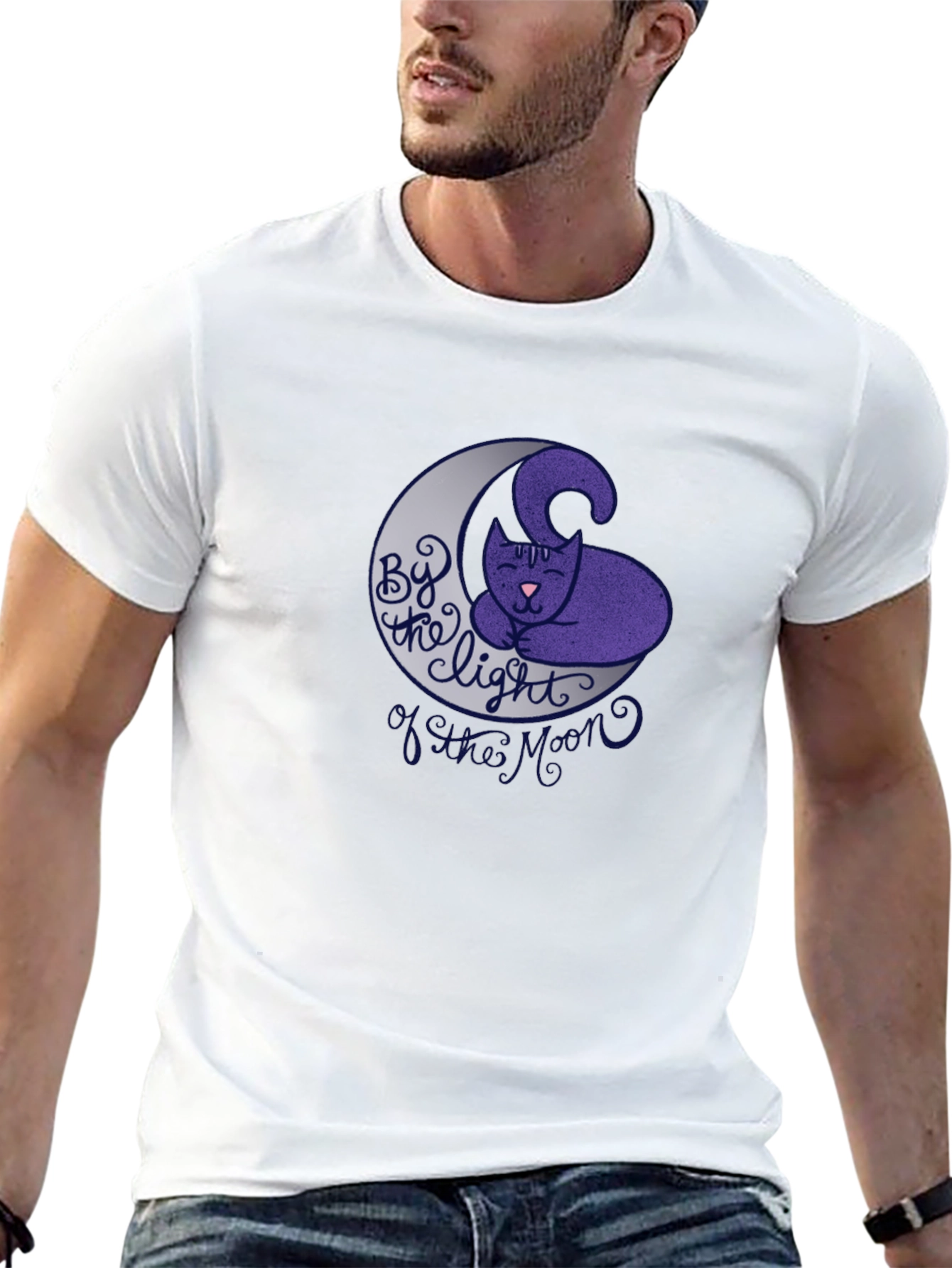 Cute Cat on Moon Graphic T-Shirt - Black