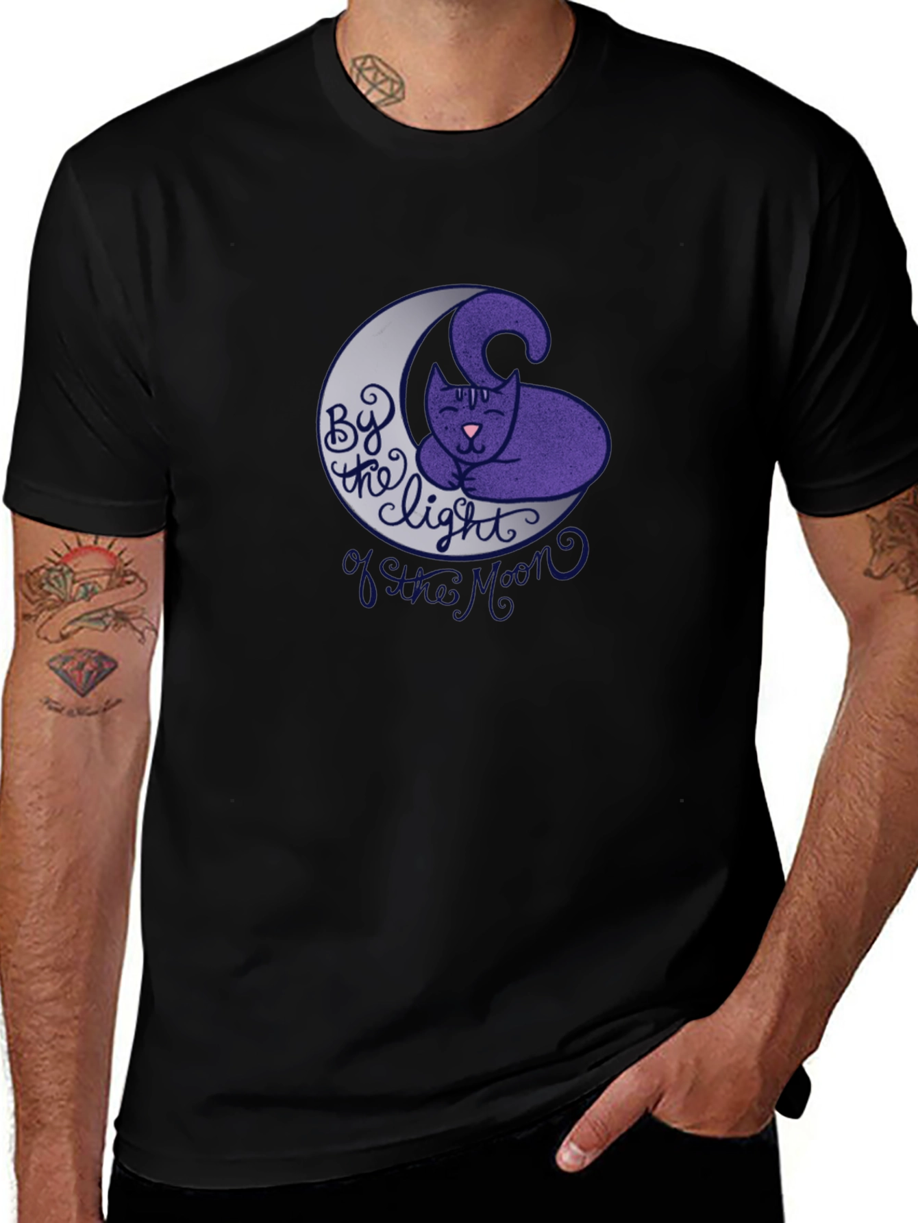 Cute Cat on Moon Graphic T-Shirt - Black