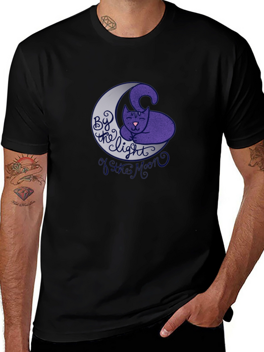 Cute Cat on Moon Graphic T-Shirt - Black