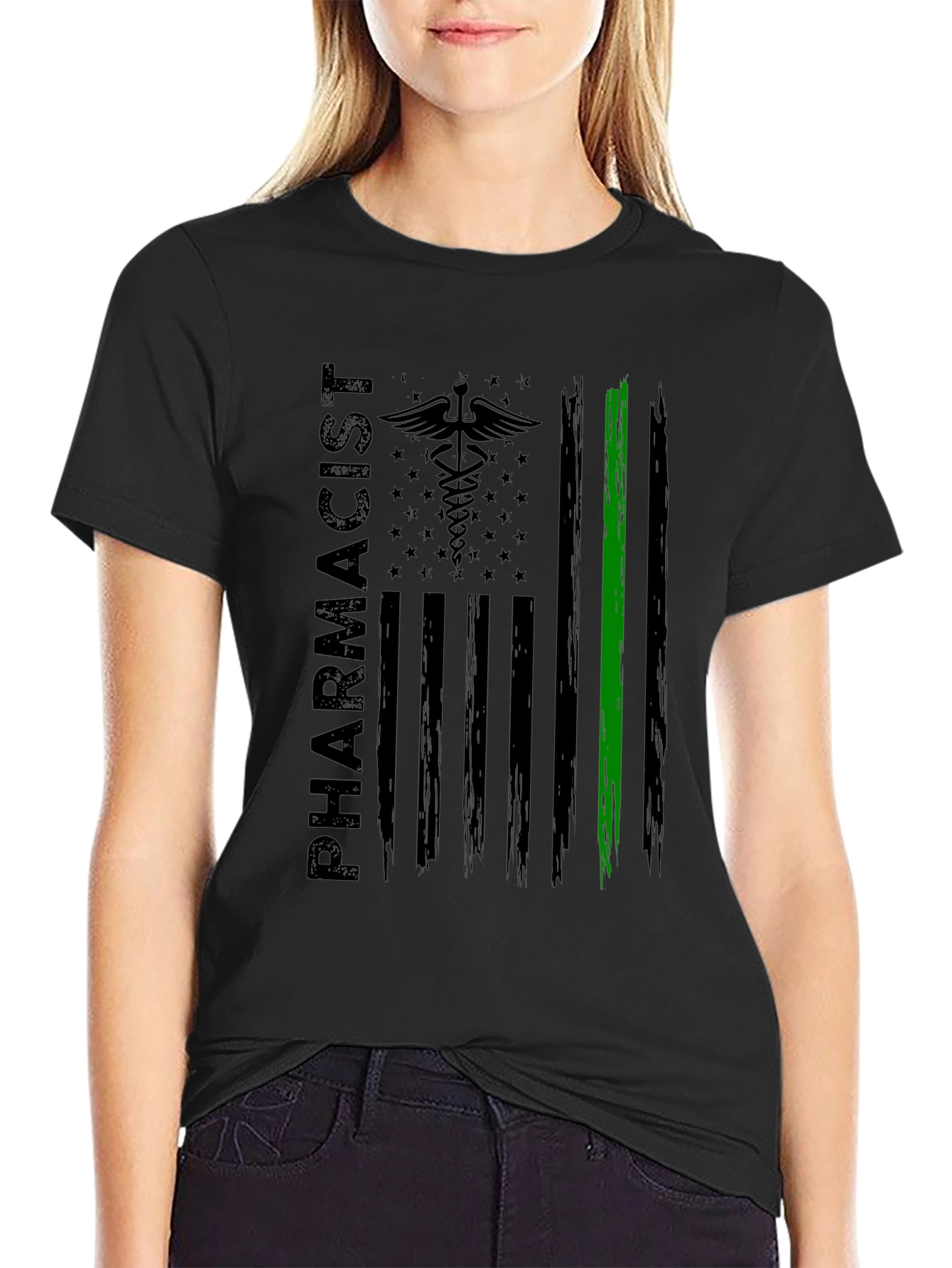 Pharmacist American Flag T-Shirt - Green Line