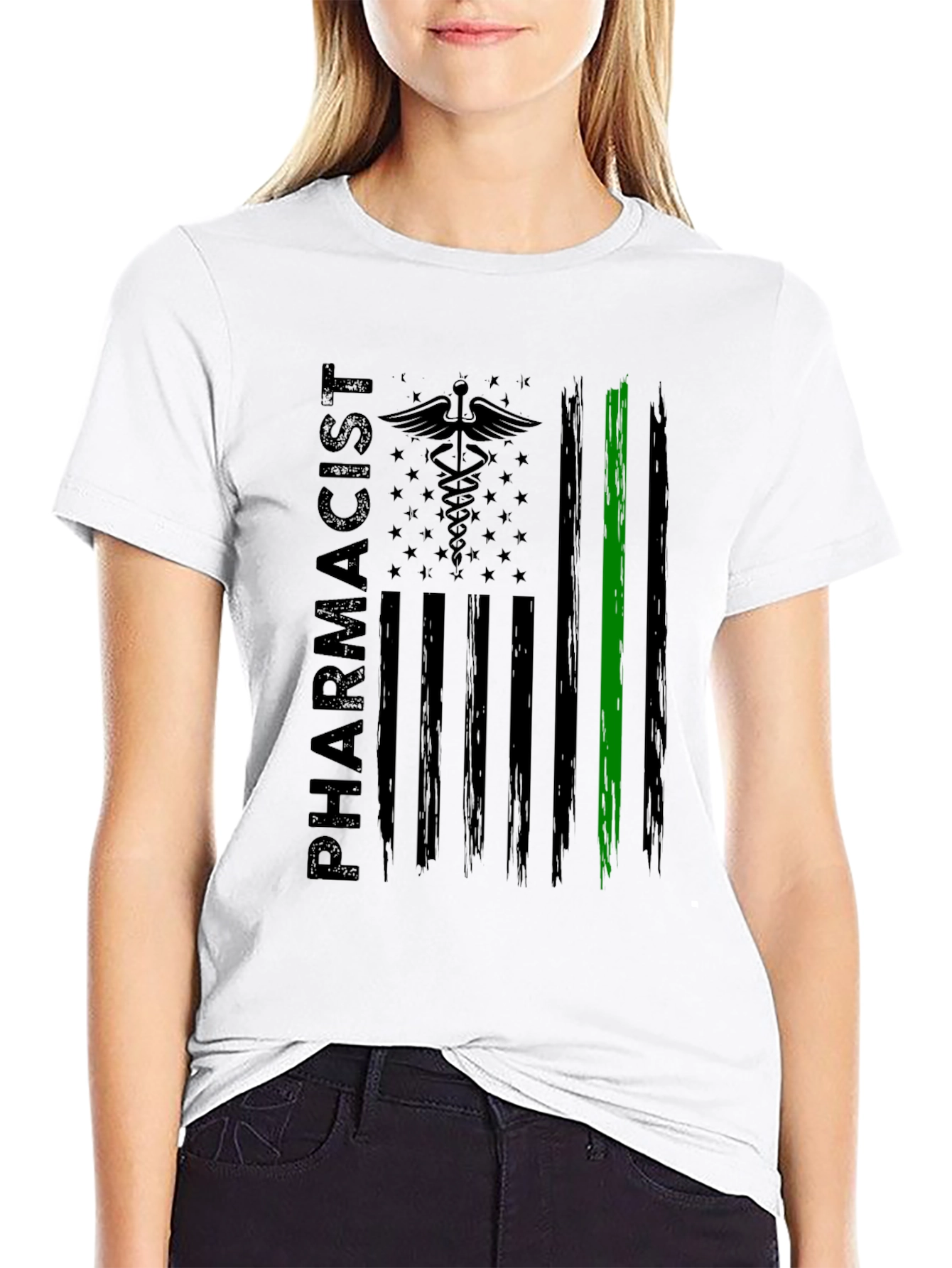 Pharmacist American Flag T-Shirt - Green Line