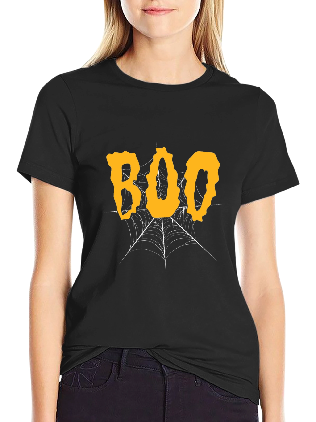 Halloween Boo Spiderweb Graphic Tee - Black