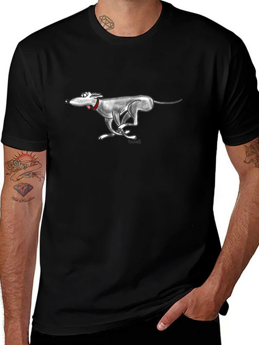 Cartoon Greyhound Dog Graphic Black T-Shirt