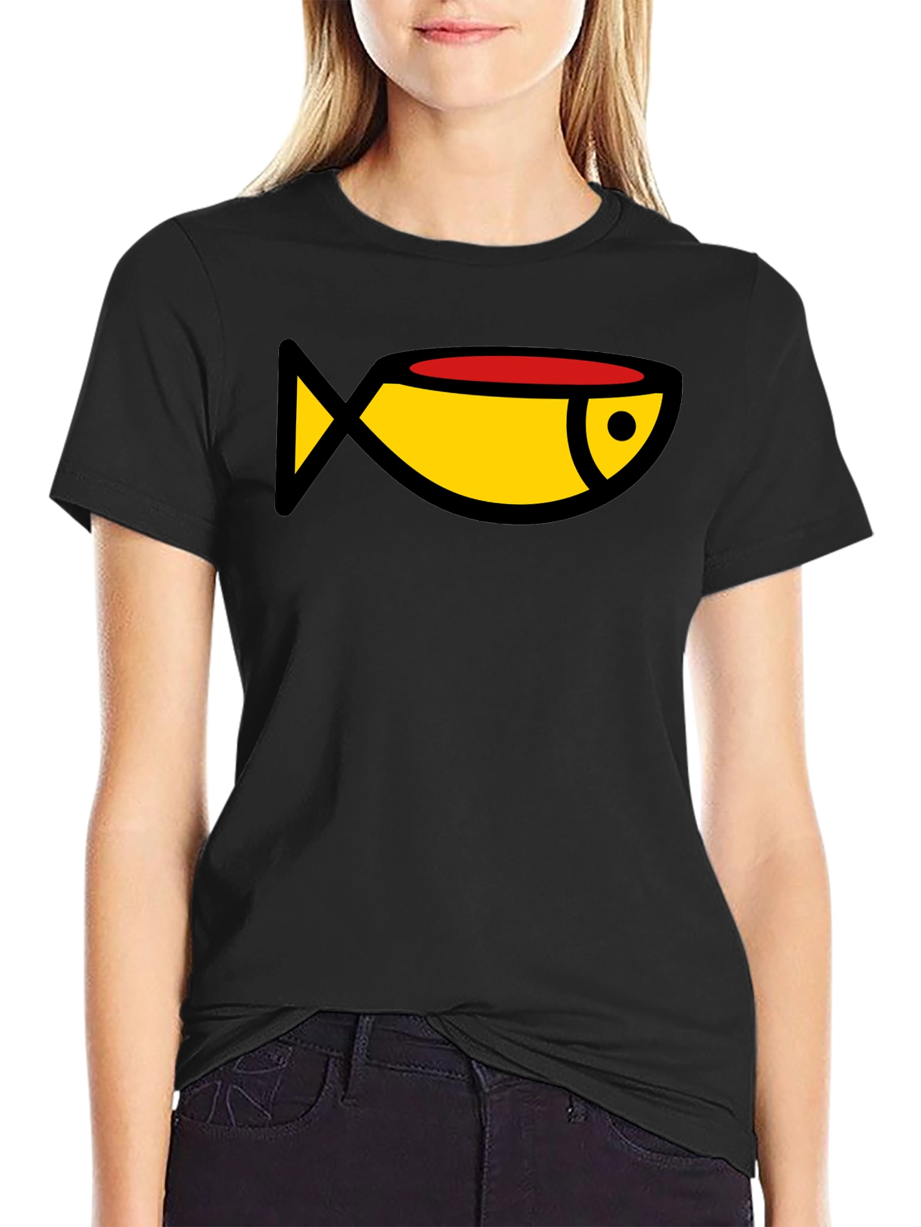 Cartoon Fish Graphic Tee - Black Casual T-Shirt