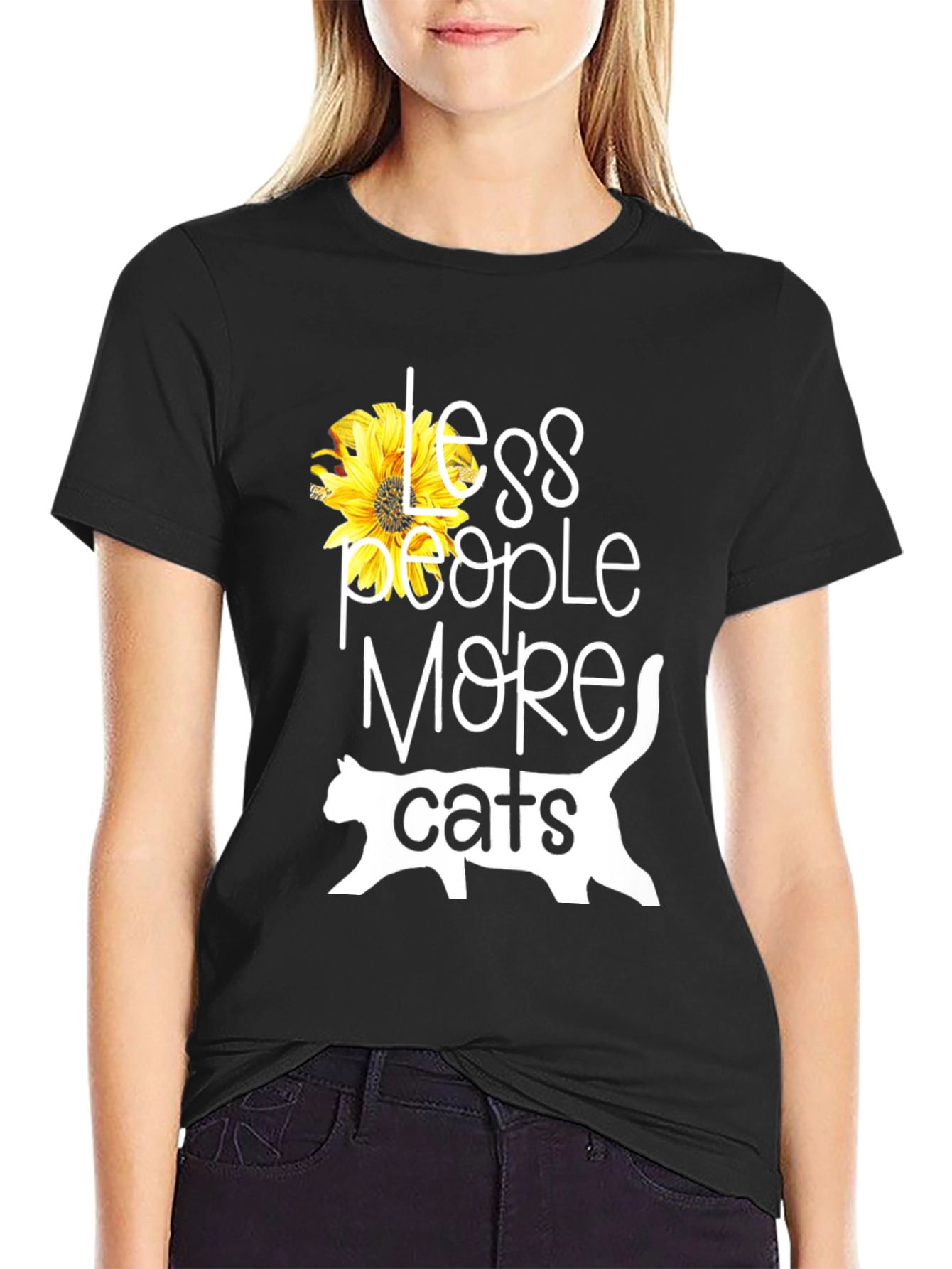 Less People More Cats Sunflower Graphic T-Shirt