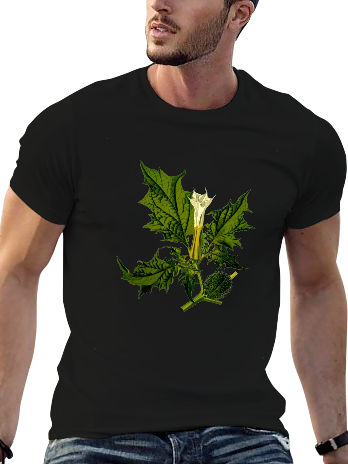 Botanical Datura Flower Graphic Black Tee