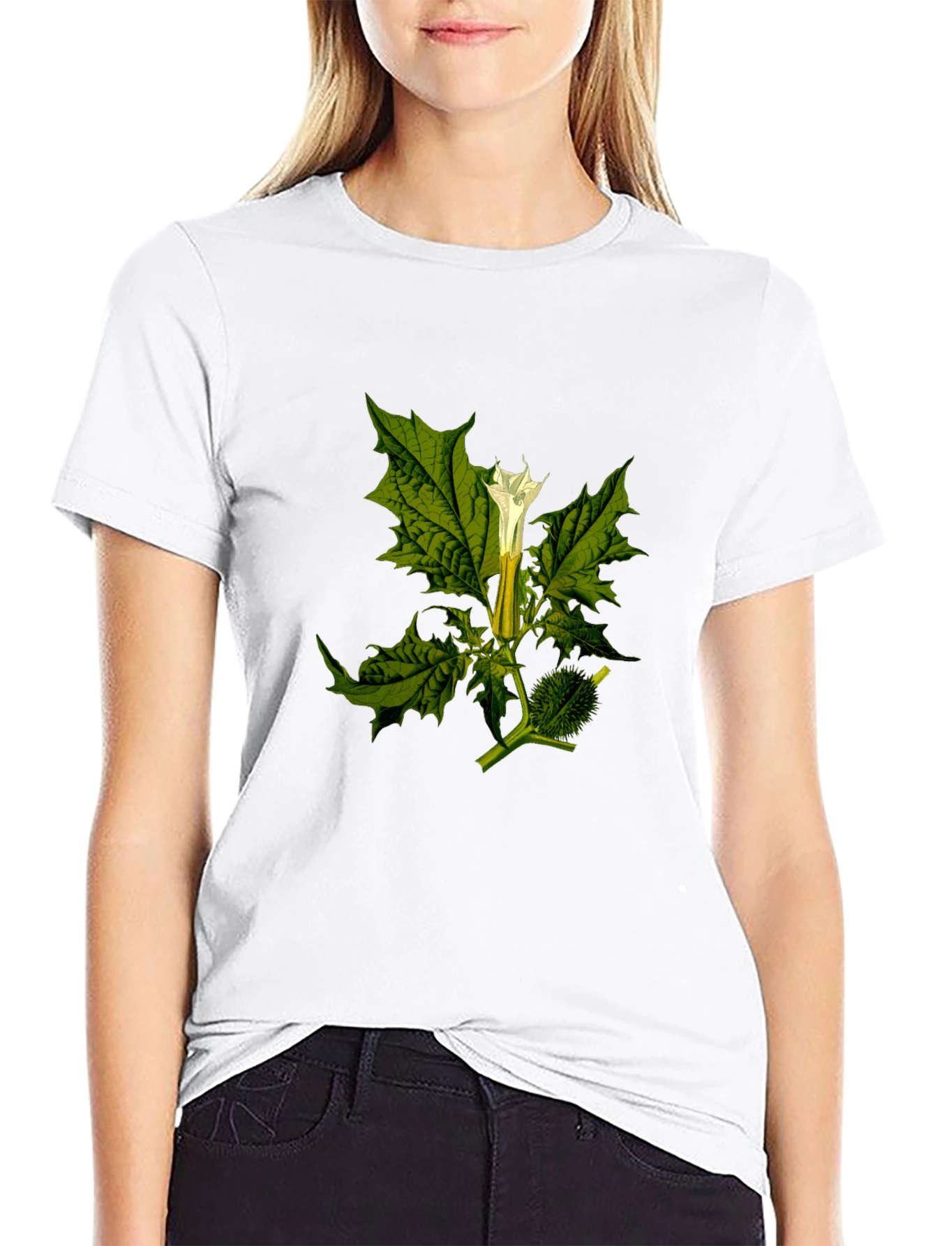 Botanical Datura Flower Graphic Black Tee
