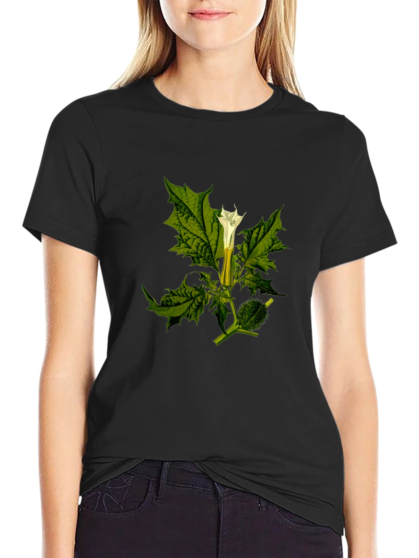 Botanical Datura Flower Graphic Black Tee