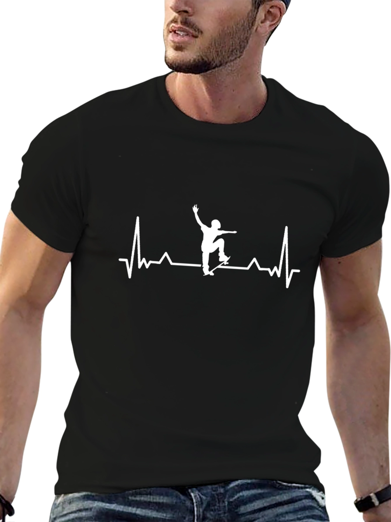 Skateboarding Heartbeat Tee - Black Cotton Graphic T-Shirt