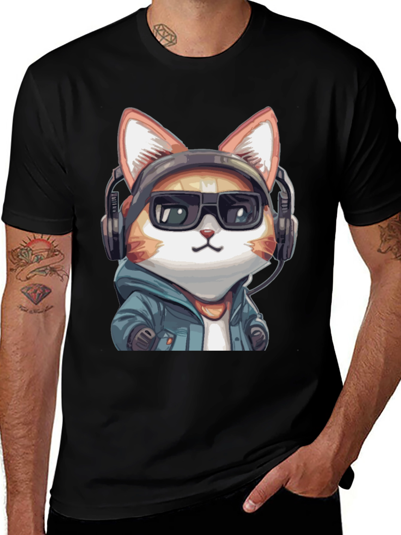 Cool Cat DJ Graphic Tee - Black Cotton T-Shirt