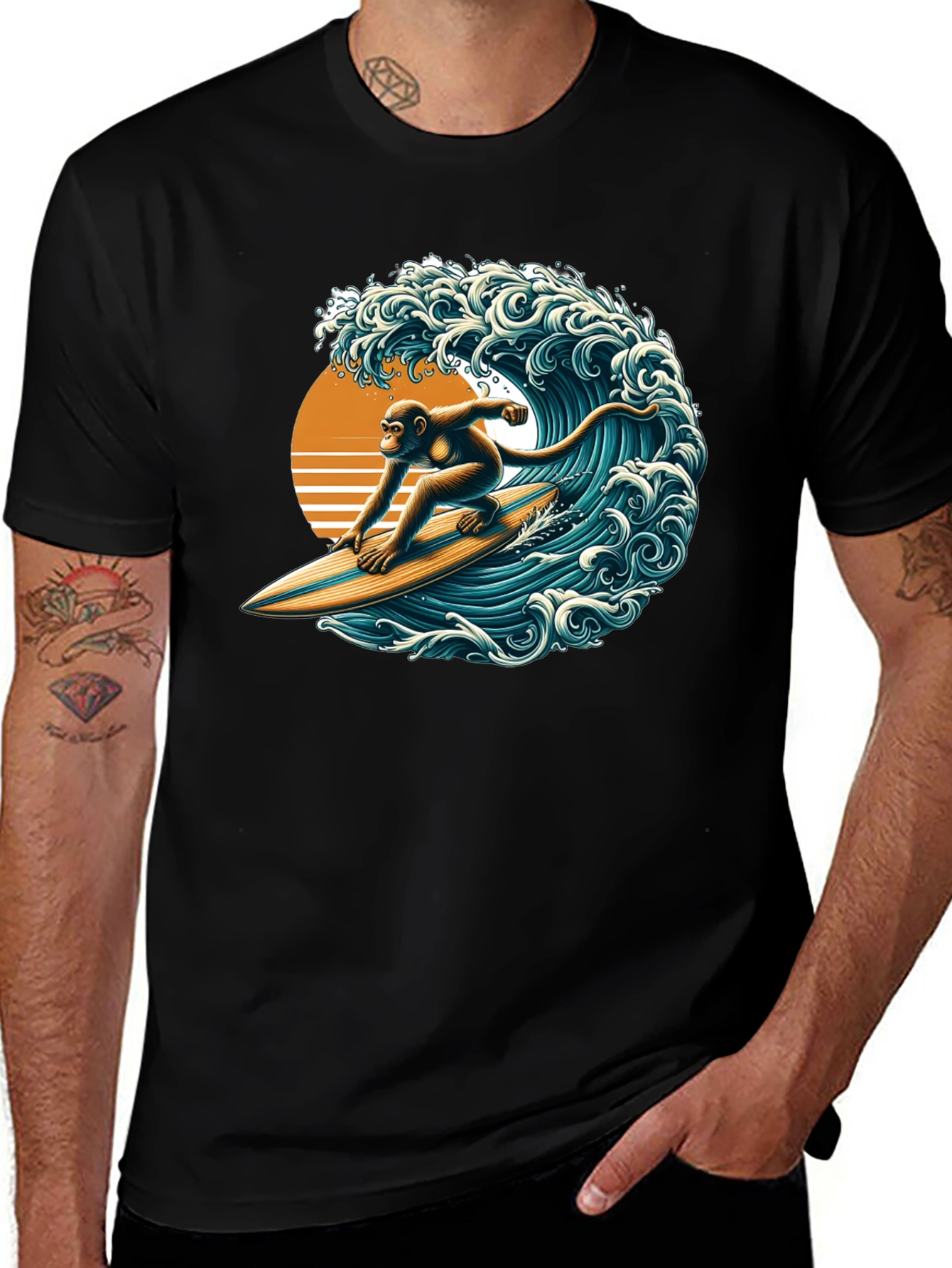 Surfing Monkey Graphic Tee - Black Cotton T-Shirt