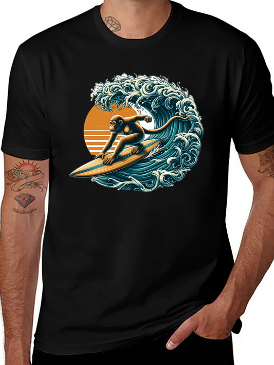 Surfing Monkey Graphic Tee - Black Cotton T-Shirt