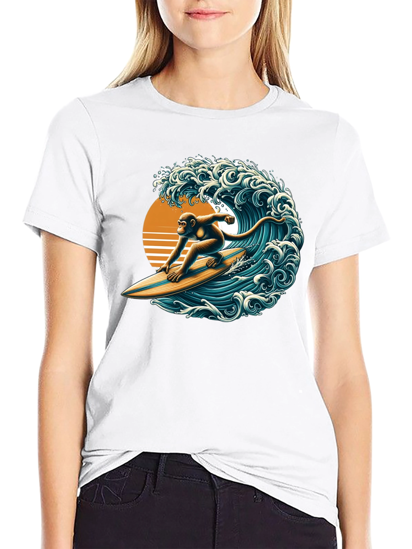 Surfing Monkey Graphic Tee - Black Cotton T-Shirt
