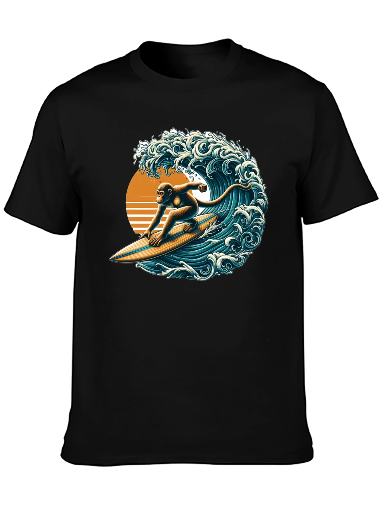 Surfing Monkey Graphic Tee - Black Cotton T-Shirt