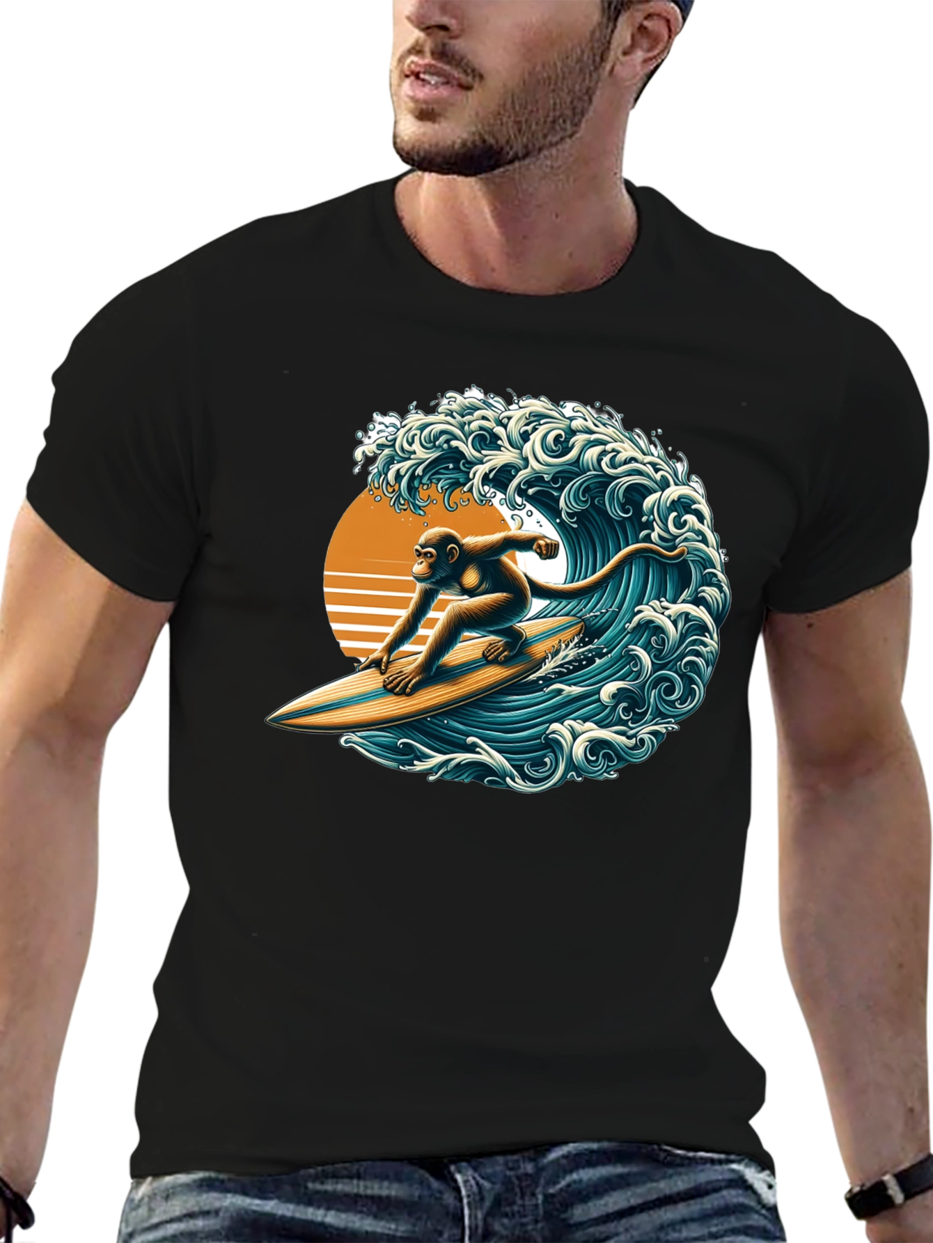 Surfing Monkey Graphic Tee - Black Cotton T-Shirt