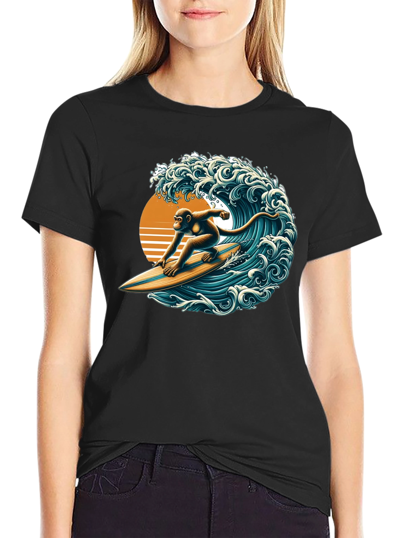Surfing Monkey Graphic Tee - Black Cotton T-Shirt