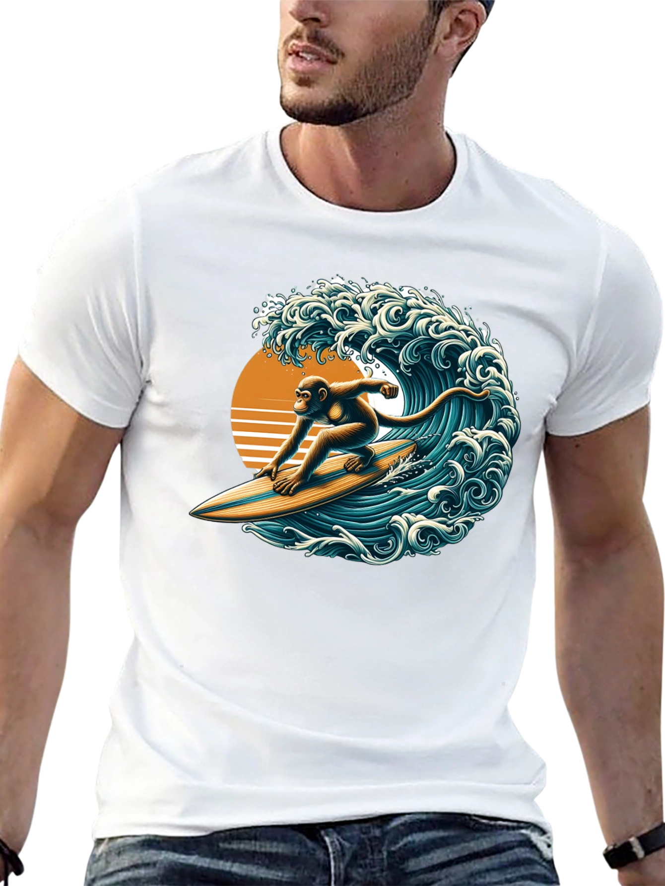 Surfing Monkey Graphic Tee - Black Cotton T-Shirt