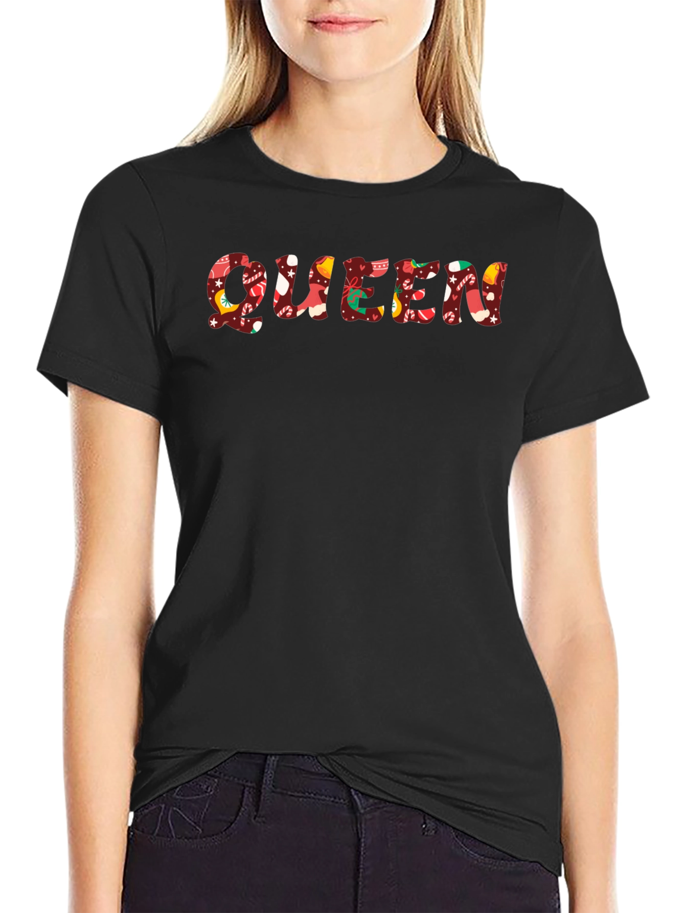 Queen Christmas Pattern Black T-Shirt