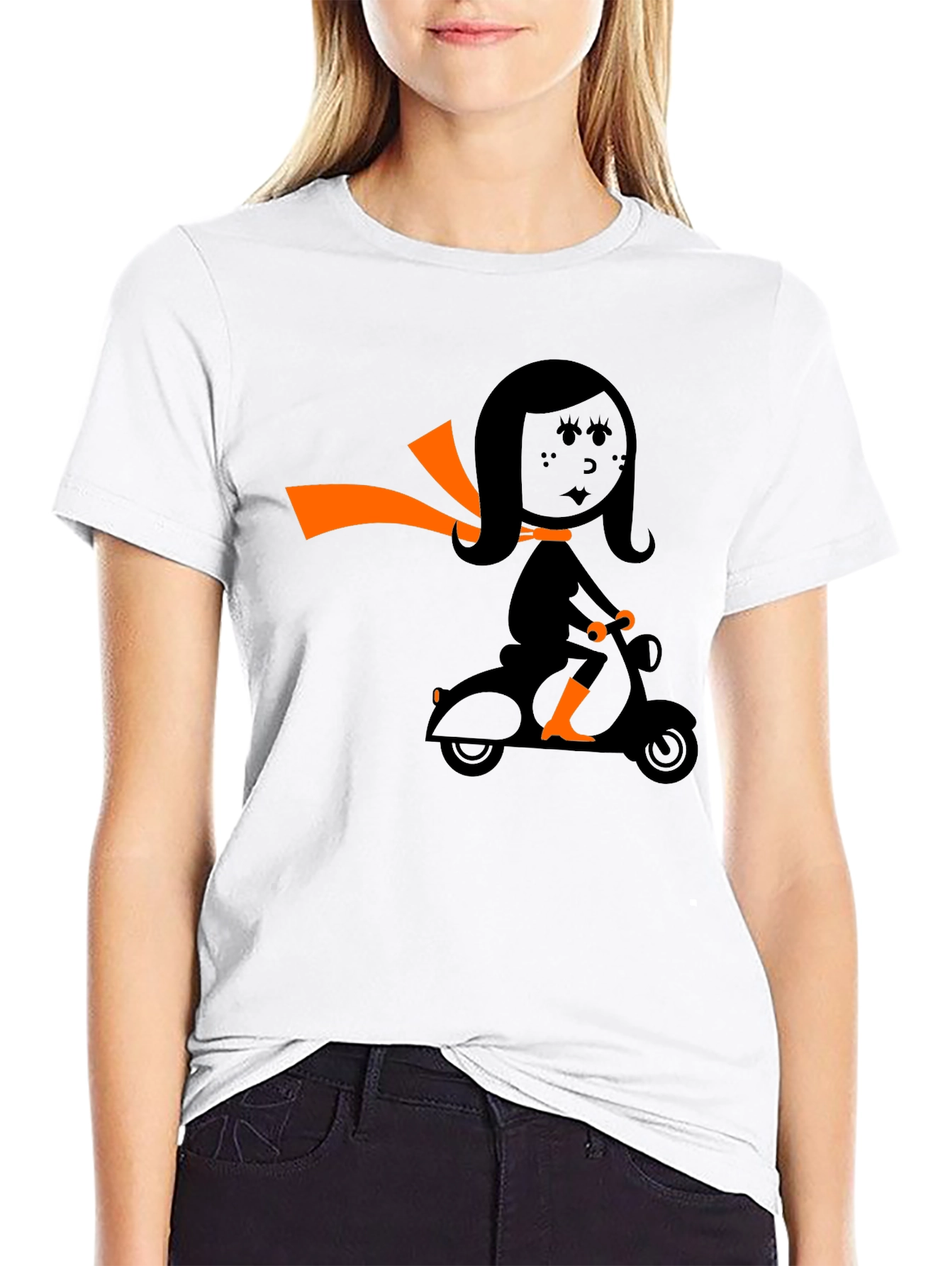 Retro Girl on Scooter Graphic Tee - Black
