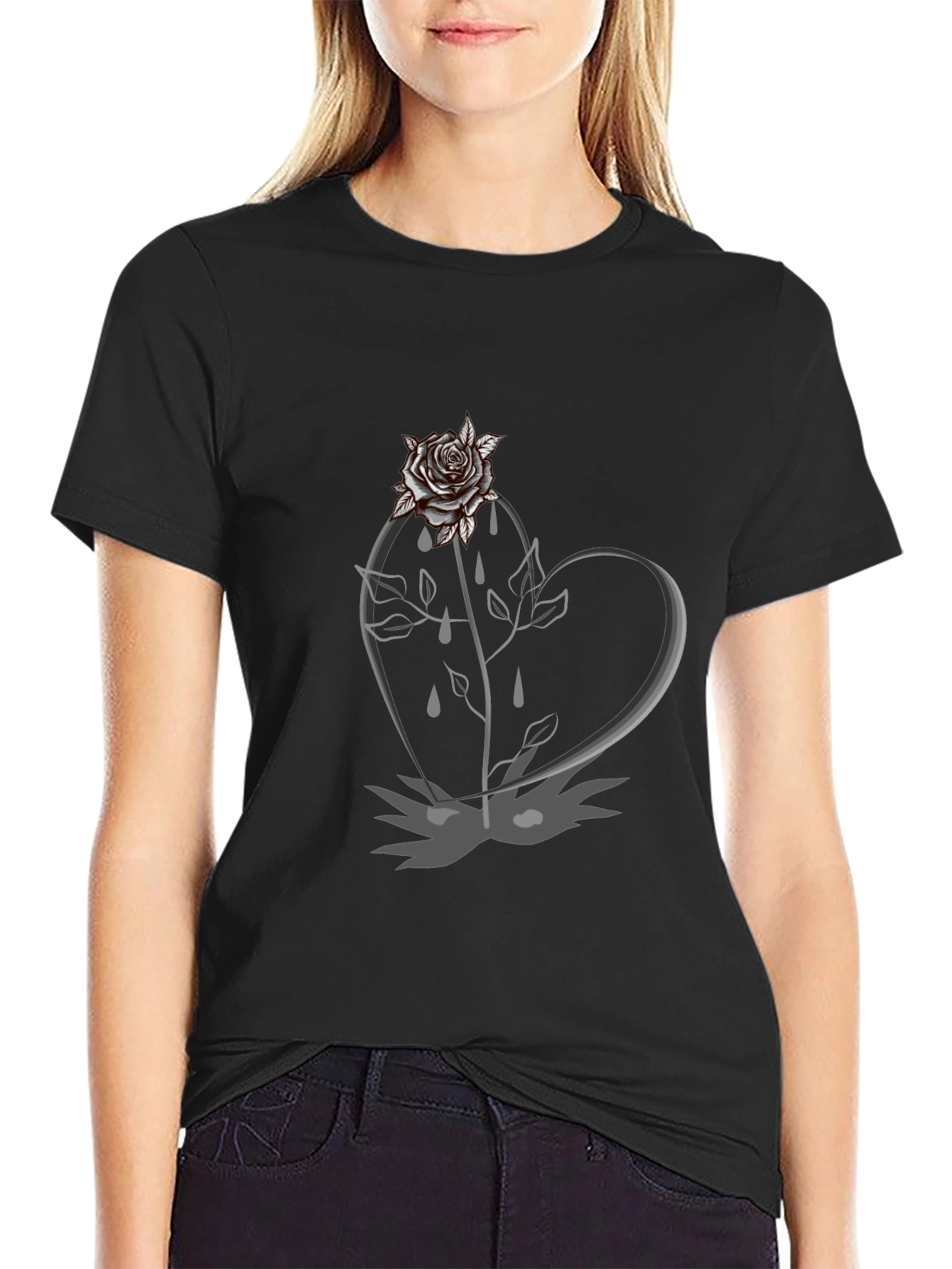 Gothic Rose Heart Black T-Shirt