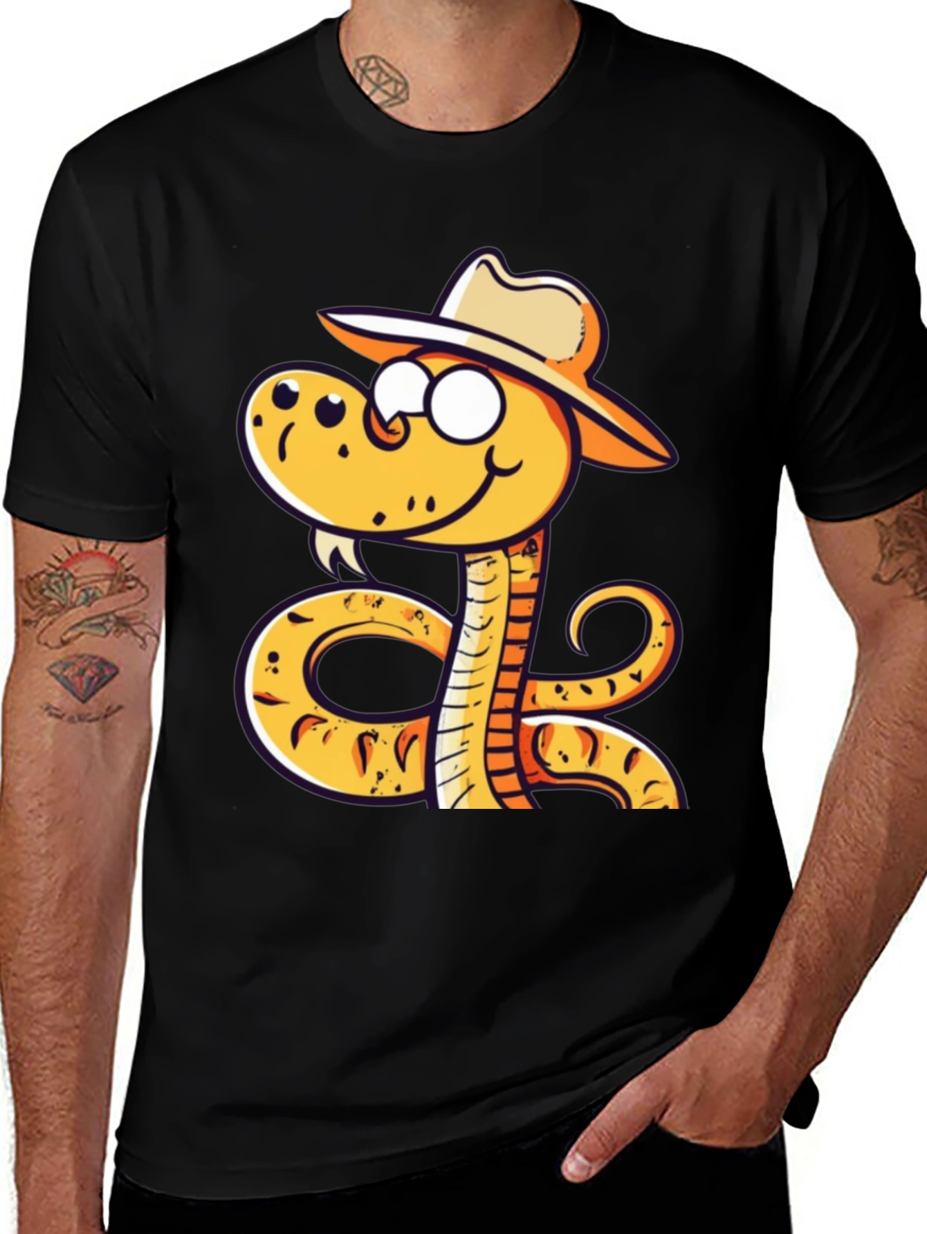 Snake Cowboy Cartoon Black T-Shirt